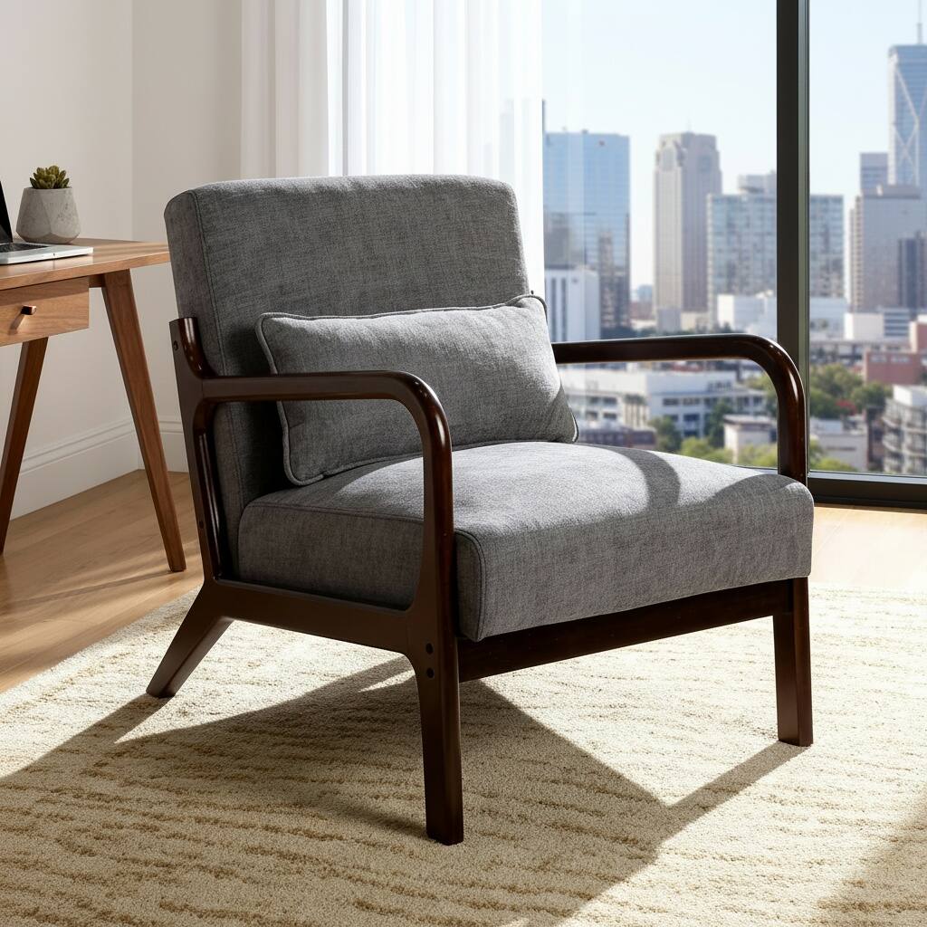 Alt View 4. Forest'nSky - Brown  Wood Mid Century Modern Office Chair with Solid Wood Frame & Lumbar Pillow with Dark Grey Cushion - Dark Grey.