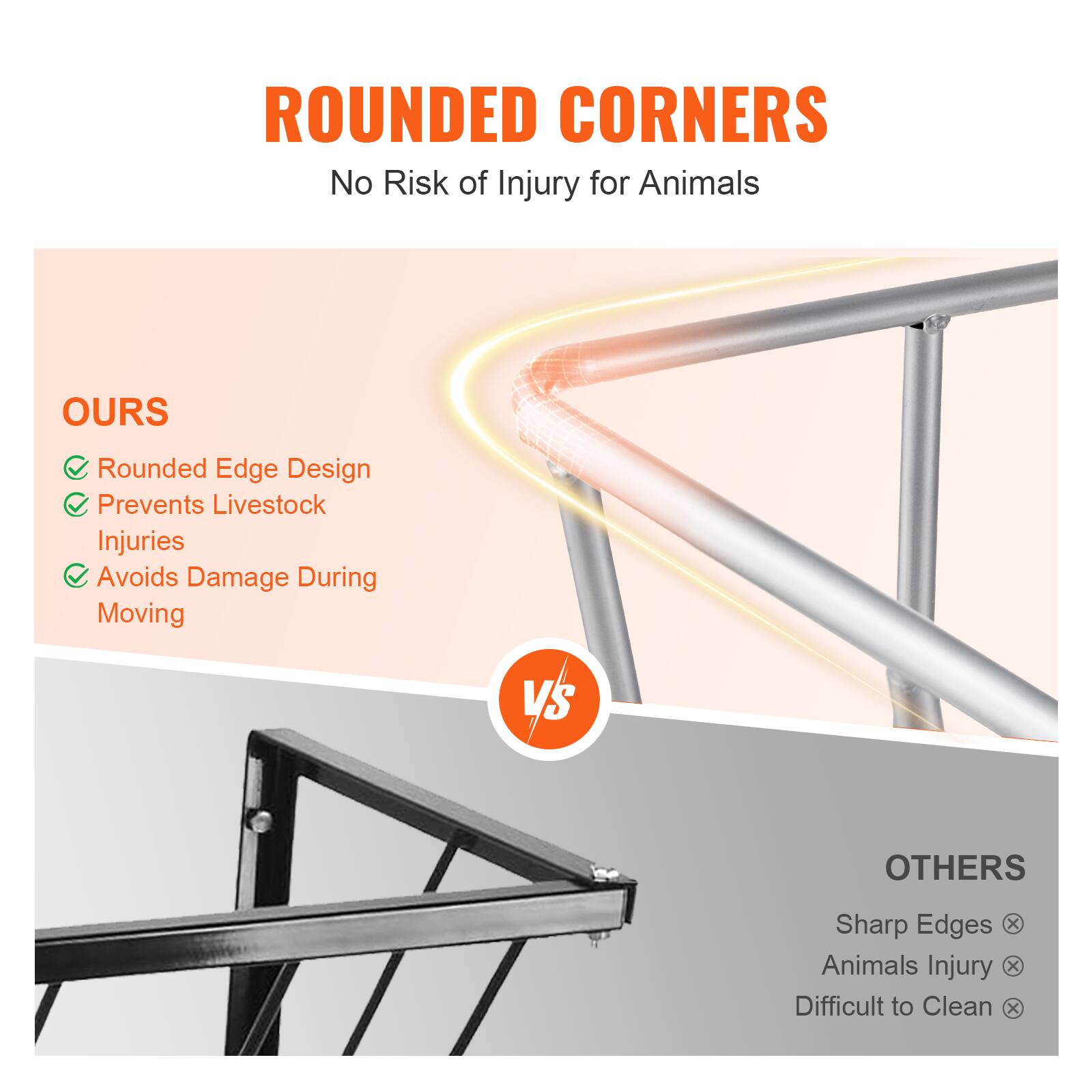 **ROUNDED CORNERS**  
No Risk of Injury for Animals

**OURS**  
- Rounded Edge Design  
- Prevents Livestock Injuries  
- Avoids Damage During Moving  

**VS**  

**OTHERS**  
- Sharp Edges  
- Animals Injury  
- Difficult to Clean