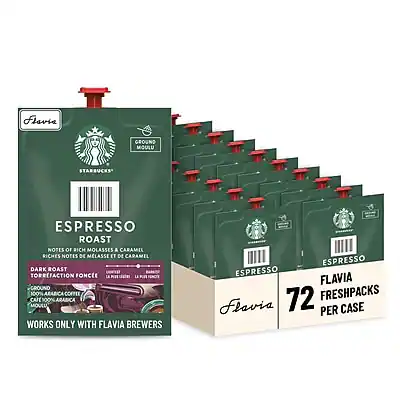 **Espresso Ground Moulé**
**Starbucks**
**Espresso**
*Notes of Roast & Caramel*
*Riches Notes de Mélasse et de Caramel*
*Dark Roast Torréfaction Foncée*
*100% Arabica Coffee Café 100% Arabica*
*Works Only with Flavia Brewers*
*Espresso Flavia*
**Flavia**
*72 Freshpacks per Case*