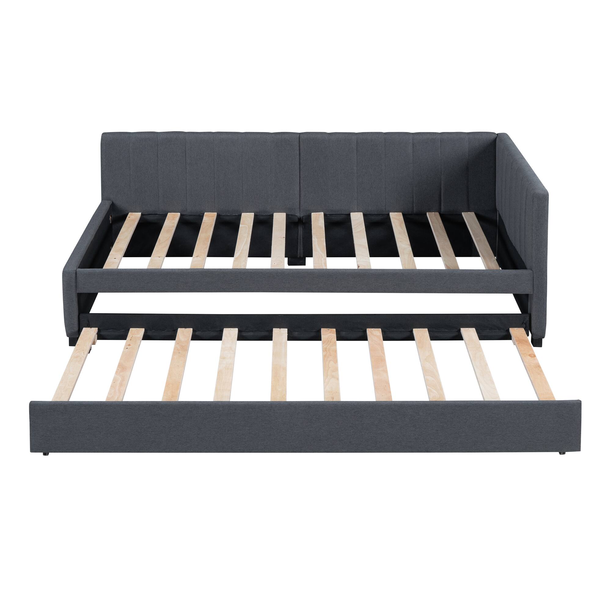 Left. Tiramisubest - Upholstered Daybed with Trundle Twin Size Sofa Bed Frame No Box Spring Needed, Linen Fabric(Gray) - Gray.