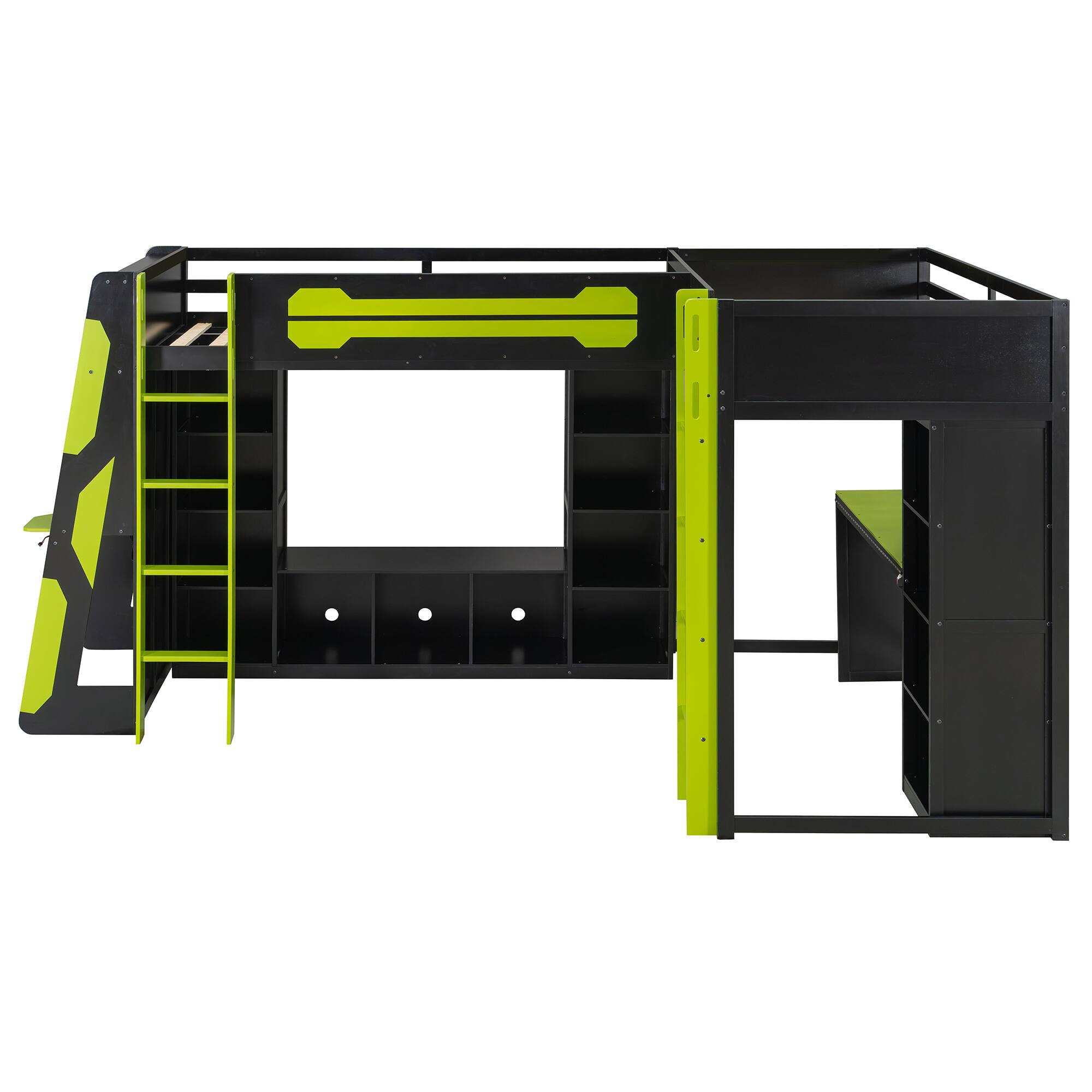 Alt View 2. Anysun - L-Shaped Twin Gaming Bed Frame - RGB LED Lights, USB Ports, TV Stand & Storage Shelves, Reversible Space-Saving Design - Green.