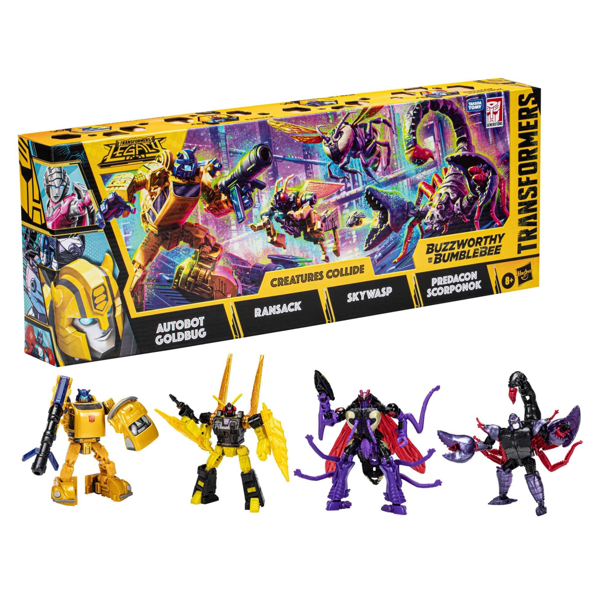 Sure, here is the corrected and grouped text from the image:

**Top Left:**
- "1Y TAUIHINL LESAUT 8 - STE ! AUTOBOT GOLDBUG"

**Top Right:**
- "1RA 1 1 BUZZWORTHY BUMBLEBEE TRANSFORMERS = CREATURES COLLIDE PREDACON Ae 8+ SKYWASP SCORPONOK RANSACK"

**Box Text:**
- "TRANSFORMERS"
- "CREATURES COLLIDE"
- "AUTOBOT GOLDBUG"
- "PREDACON SCORPONOK"
- "SKYWASP"
- "RANSACK"
- "BUZZWORTHY & BUMBLEBEE"
- "8+"
- "TOMY"
- "TOMY COMPANY LIMITED"