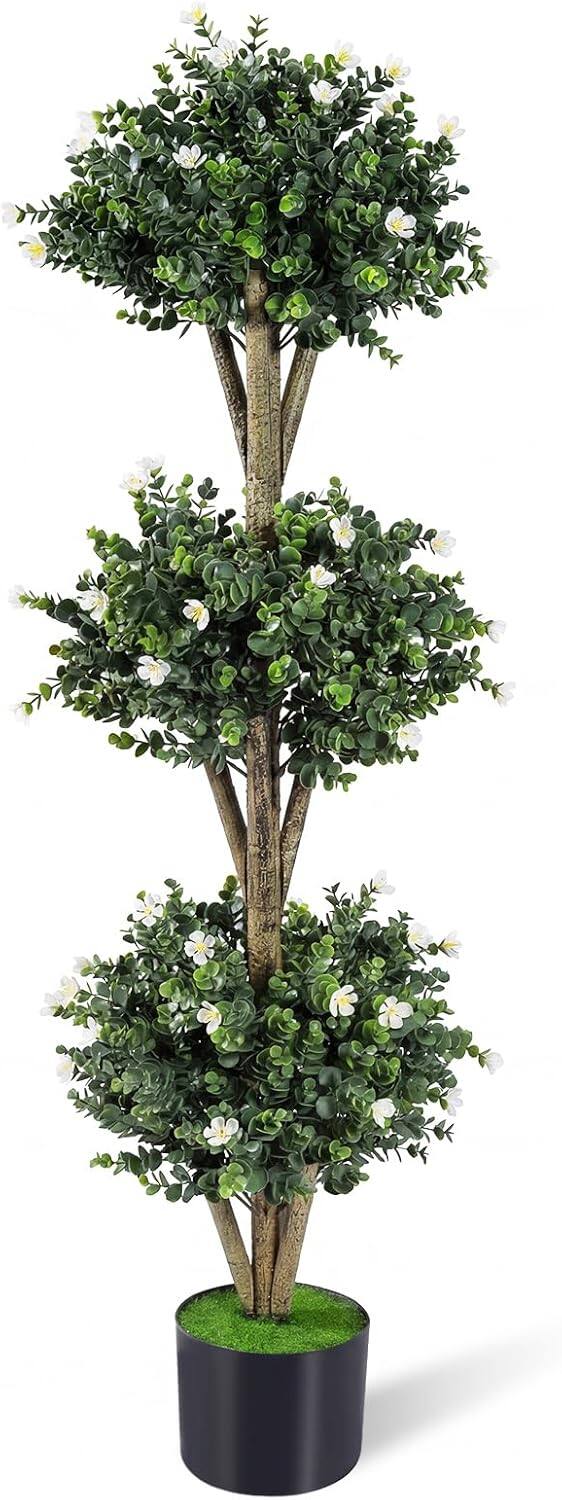 Gymax - 51'' Artificial Triple Ball Boxwood Topiary Tree w/ 59 Blossoms for Porch Home Green & Black - White price history on PriceWatchPro