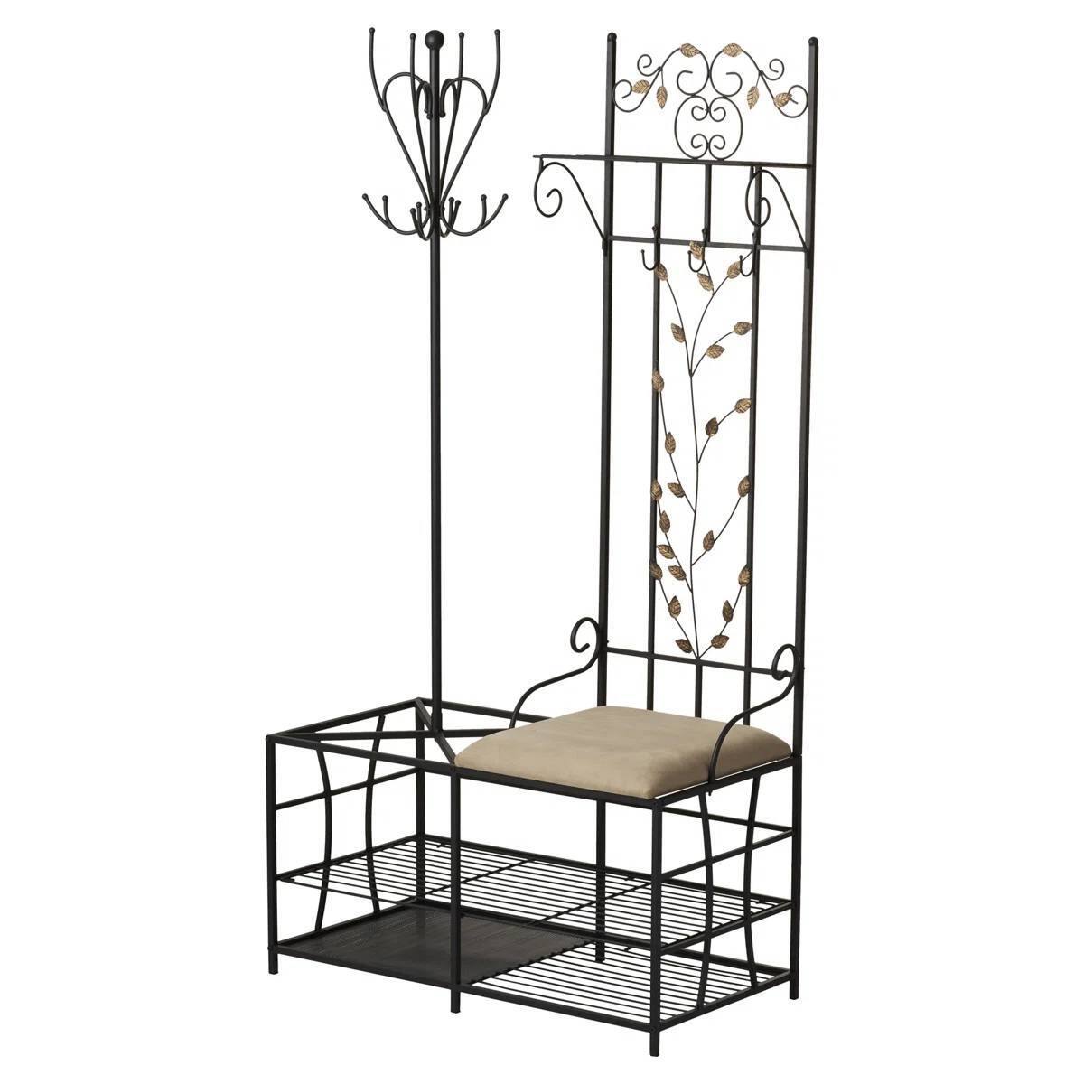 Hivvago - Entryway Hall Tree Coat Rack Storage Bench with Scrolling Leaves Scrollwork - Black