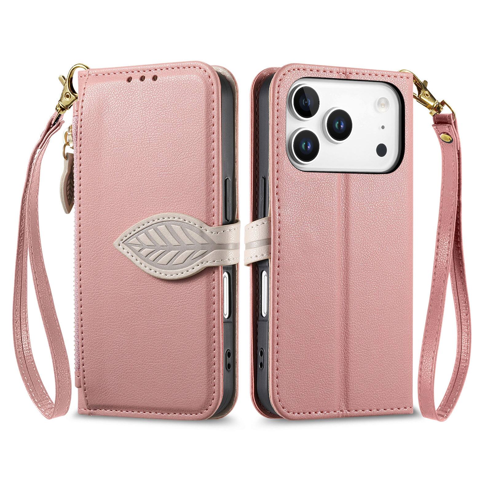 Angle. UUCOVER - Zipper Wallet Case for iPhone 18 Pro Max Magnetic Leather+TPU Card Slots Stand Cover with Shoulder Strap/Wrist Strap - Rosegold.