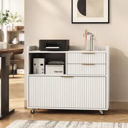 RYHNUYNE - 3-Drawer Mobile File Cabinet with Charging Station and Open Shelf, White Particle Board Office Storage Cabinet