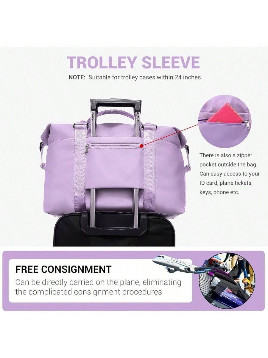 **TROLLEY SLEEVE**

**NOTE:** Suitable for trolley cases within 24 inches

There is also a zipper pocket outside the bag. Can easy access to your ID card, plane tickets, keys, phone etc.

**FREE CONSIGNMENT**

Can be directly carried on the plane, eliminating the complicated consignment procedures