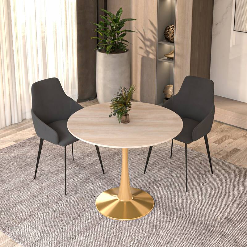 Angle. LeisureMod - Bristol Modern 35" Round Dining Table MDF/Sintered Stone Top - Pedestal Base for Kitchen, Cafe, and Restaurant - MDF - Natural Wood.