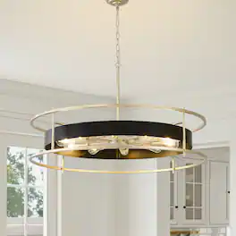 RYHNUYNE - Modern Black and Gold 10-Light Chandelier - 40 Inch Round Adjustable Pendant Light for Dining Room, Living Room, Foyer