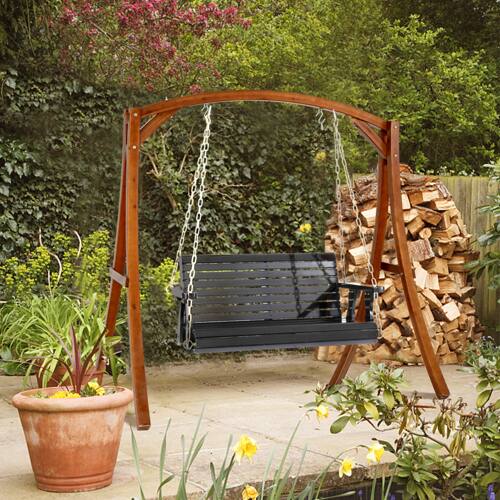 Alt View 6. Winado - 4 FT Patio Wooden Porch Swing, Heavy Duty 880 LBS Swing Chair Bench, with Hanging Chains for Outdoor Courtyard Garden - Black.