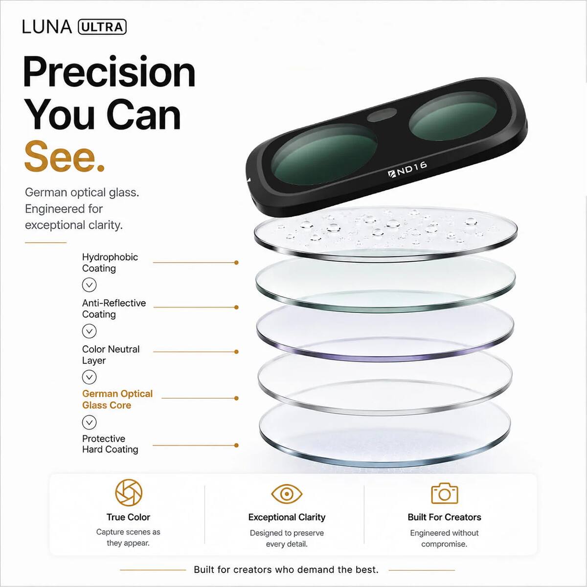 LUNA ULTRA Precision You Can See. German optical glass. Engineered for exceptional clarity. ND16 Hydrophobic Coating Anti-Reflective Coating Color Neutral Layer German Optical Glass Core Protective Hard Coating True Color Capture scenes as they appear. Exceptional Clarity Designed to preserve every detail. Built For Creators Engineered without compromise. Built for creators who demand the best.