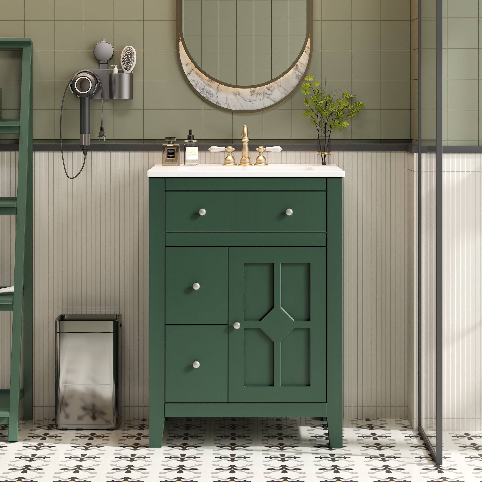 Alt View 1. Boyel Living - 24 Inch Modern Bathroom Vanity with Ceramic Basin and Drawers Green - Green.