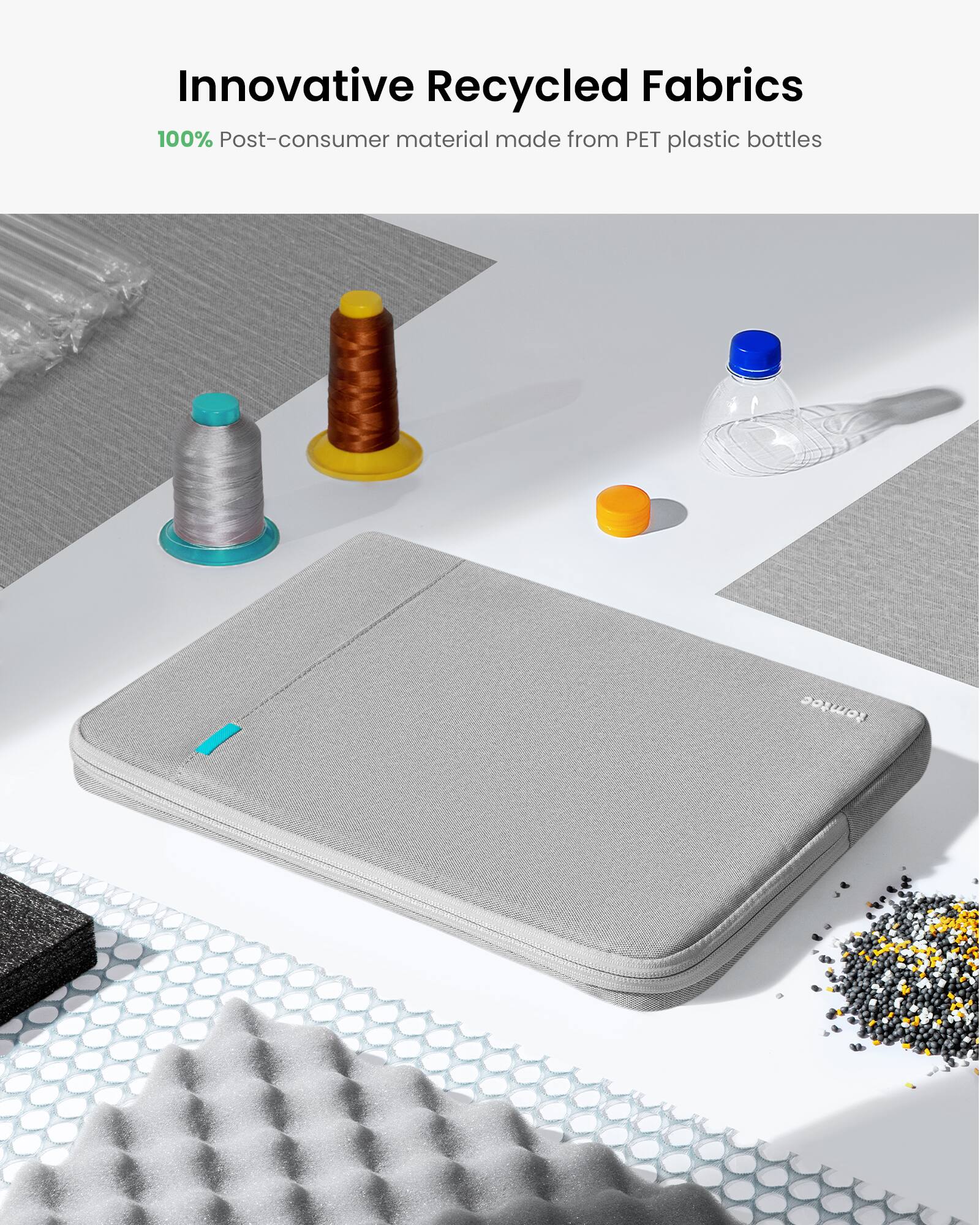 Innovative Recycled Fabrics: 100% Post-consumer material made from PET plastic bottles.