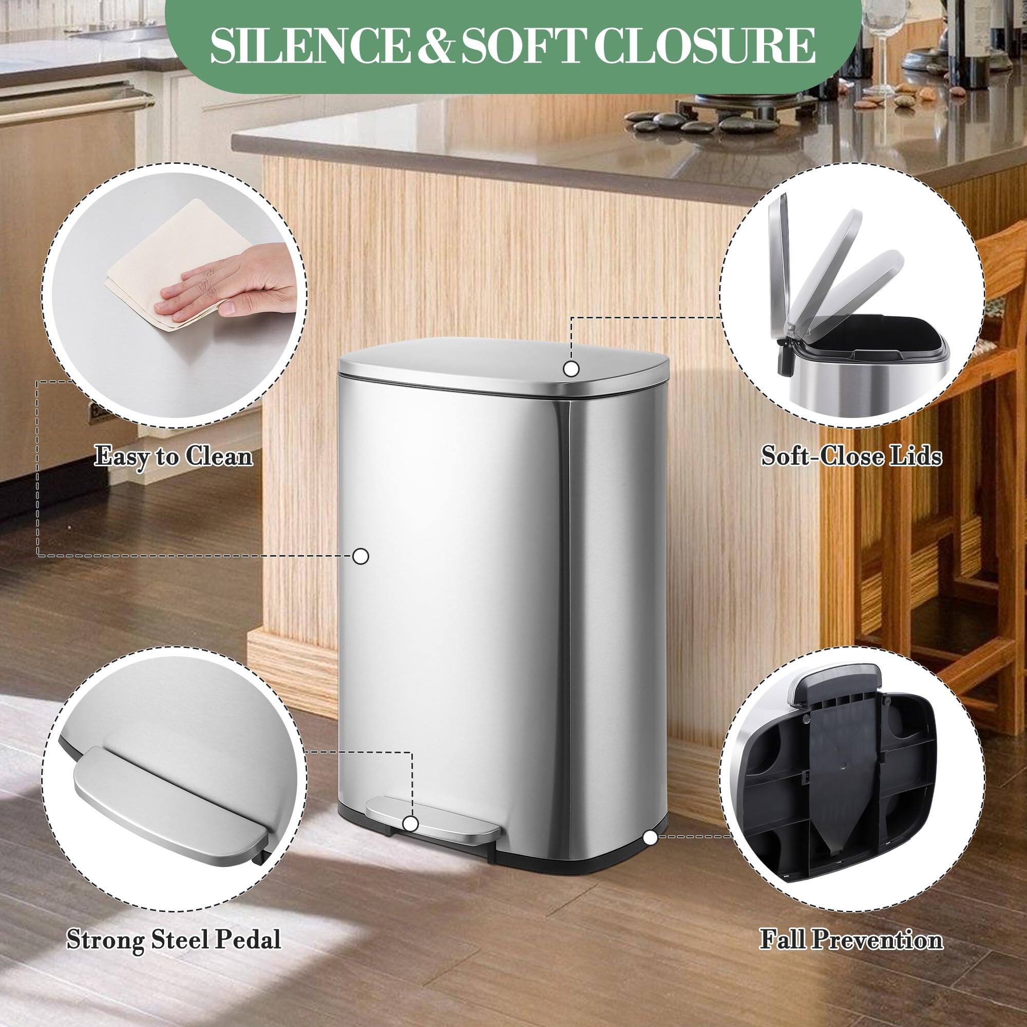 - Silence & Soft Closure
- Easy to Clean
- Soft-Close Lids
- Strong Steel Pedal
- Fall Prevention