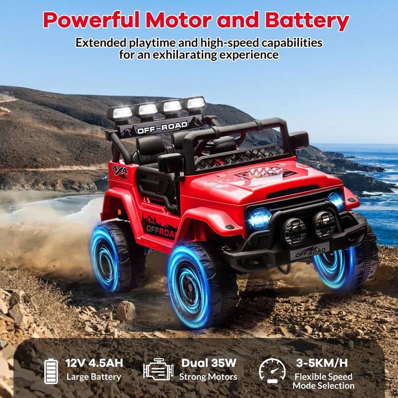 Powerful Motor and Battery  
Extended playtime and high-speed capabilities for an exhilarating experience  

12V 4.5AH Large Battery  
Dual 35W Strong Motors  
3-5KM/H Flexible Speed Mode Selection
