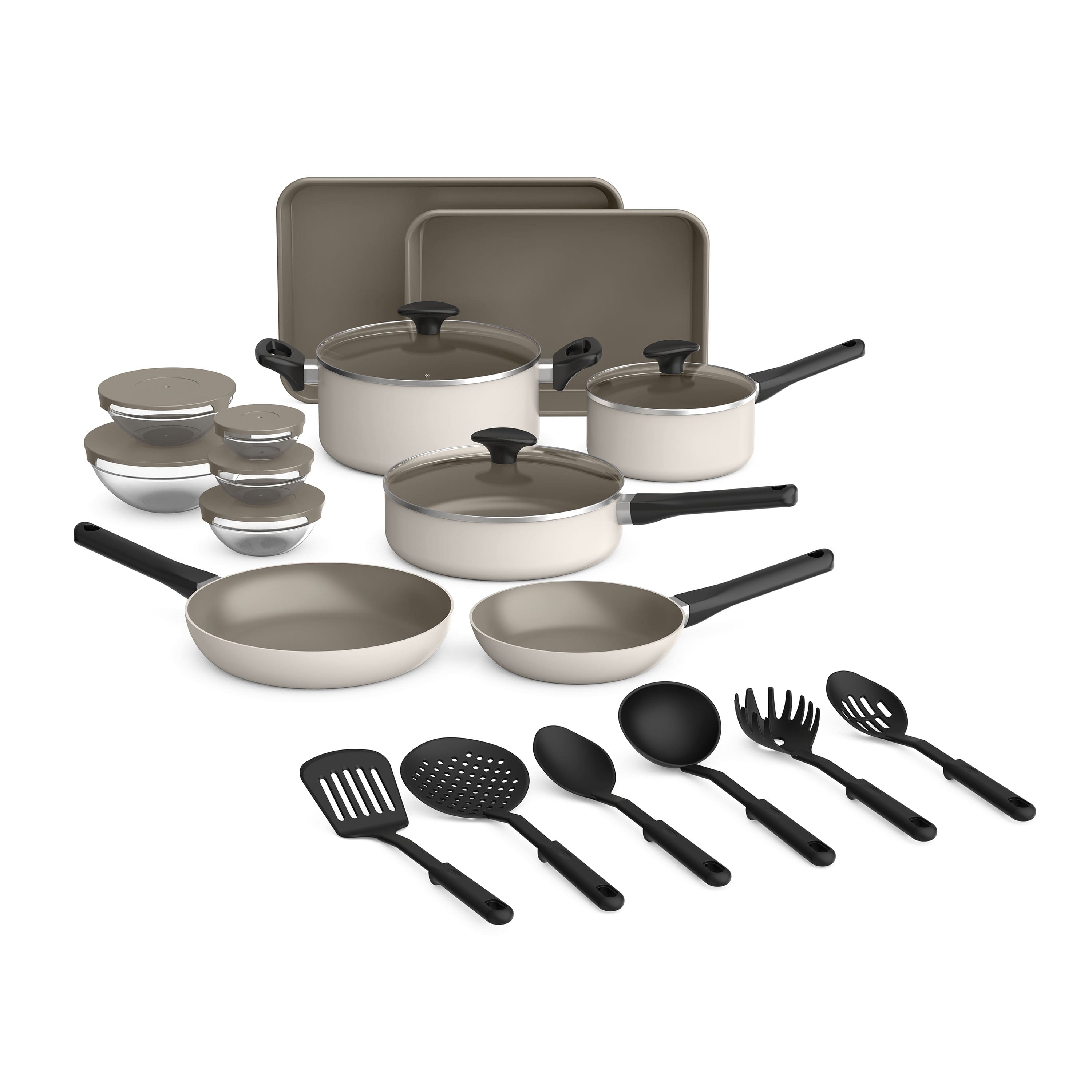 Front. Bella - 21-Piece Ceramic Nonstick Cookware Set - Oatmilk.