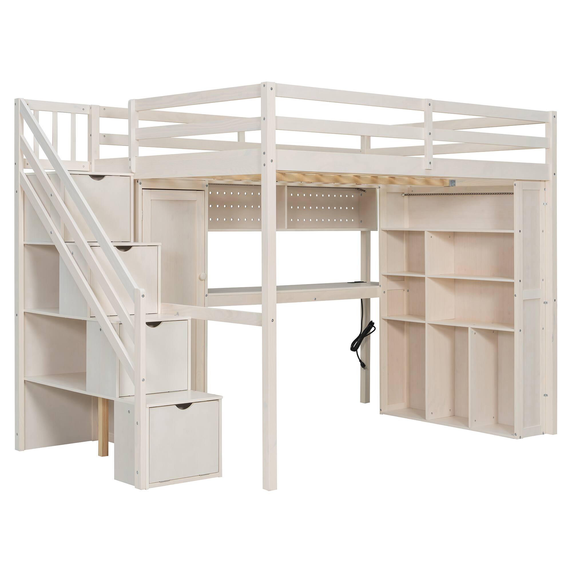 Alt View 2. Anysun - Full Loft Bed Frame with Built-In Wardrobe, Study Desk, Storage Shelves & Lights, Space-Saving Design for Bedroom - Beige.