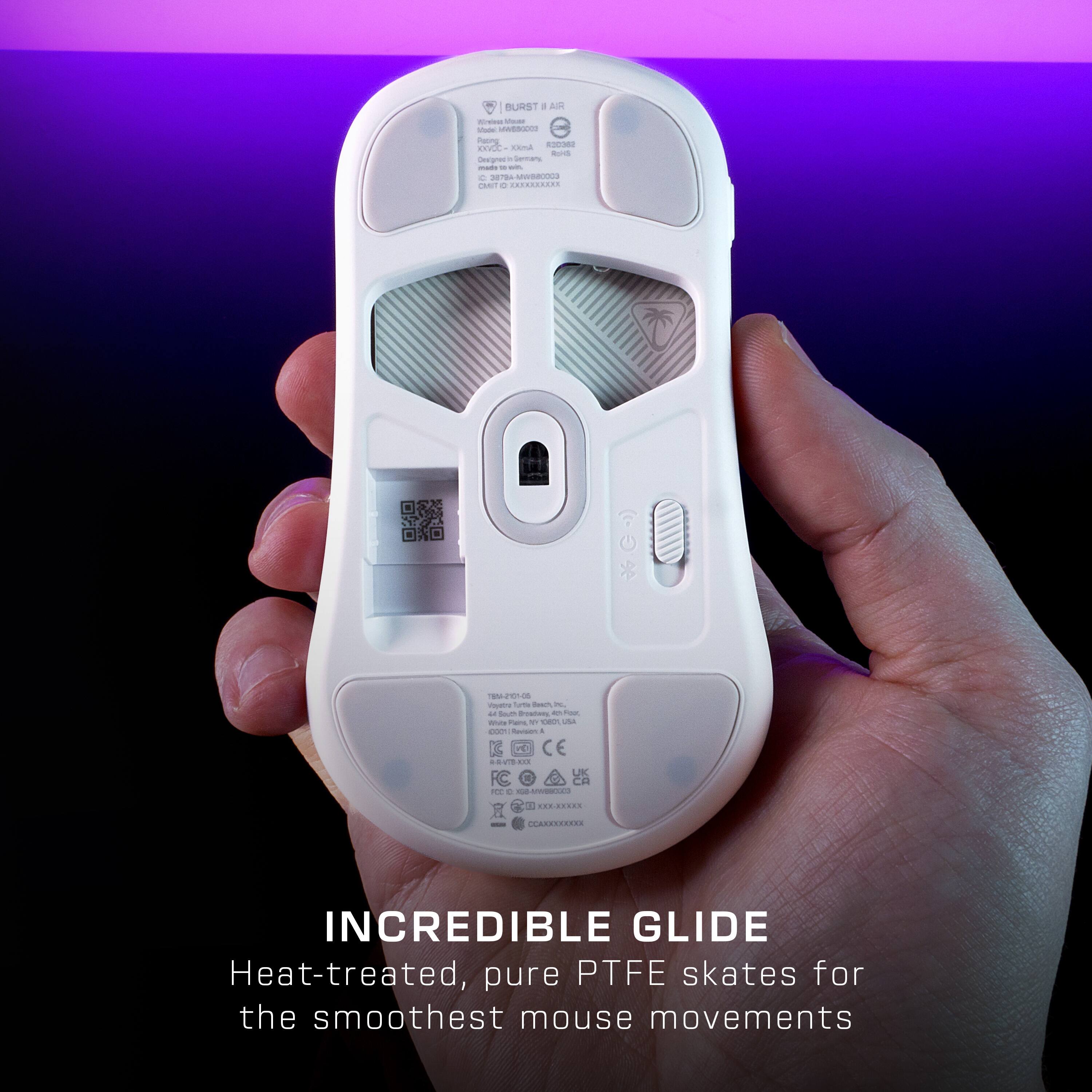 The text on the image reads: "Incredible Glide. Heat-treated, pure PTFE skates for the smoothest mouse movements."