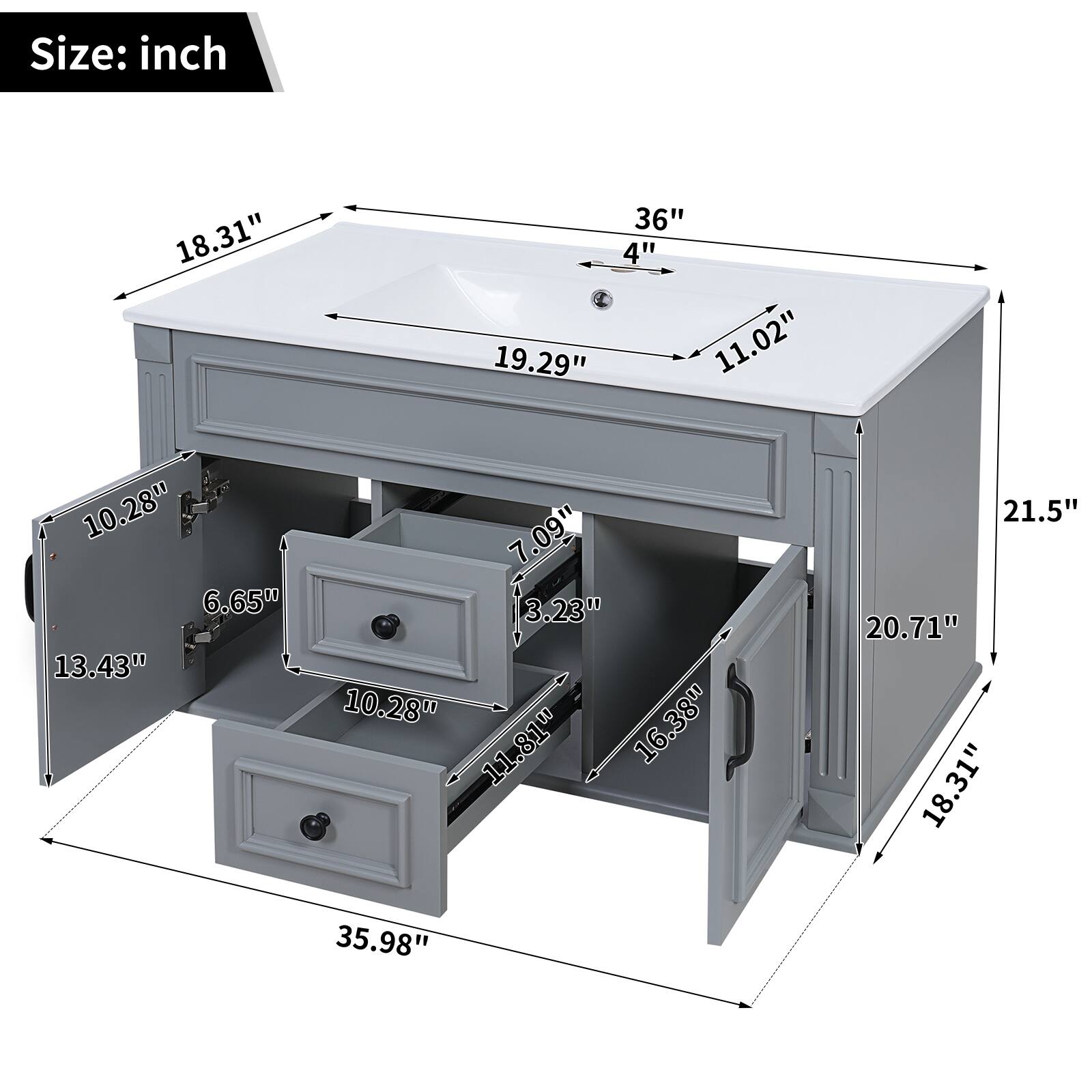 Size: inch  
18.31" 36" 4" 19.29" 11.02" 10.28" 6.65" 13.43" 7.09" 3.23" 10.28" 16.38" 11.81" 21.5" 20.71" 18.31" 35.98"