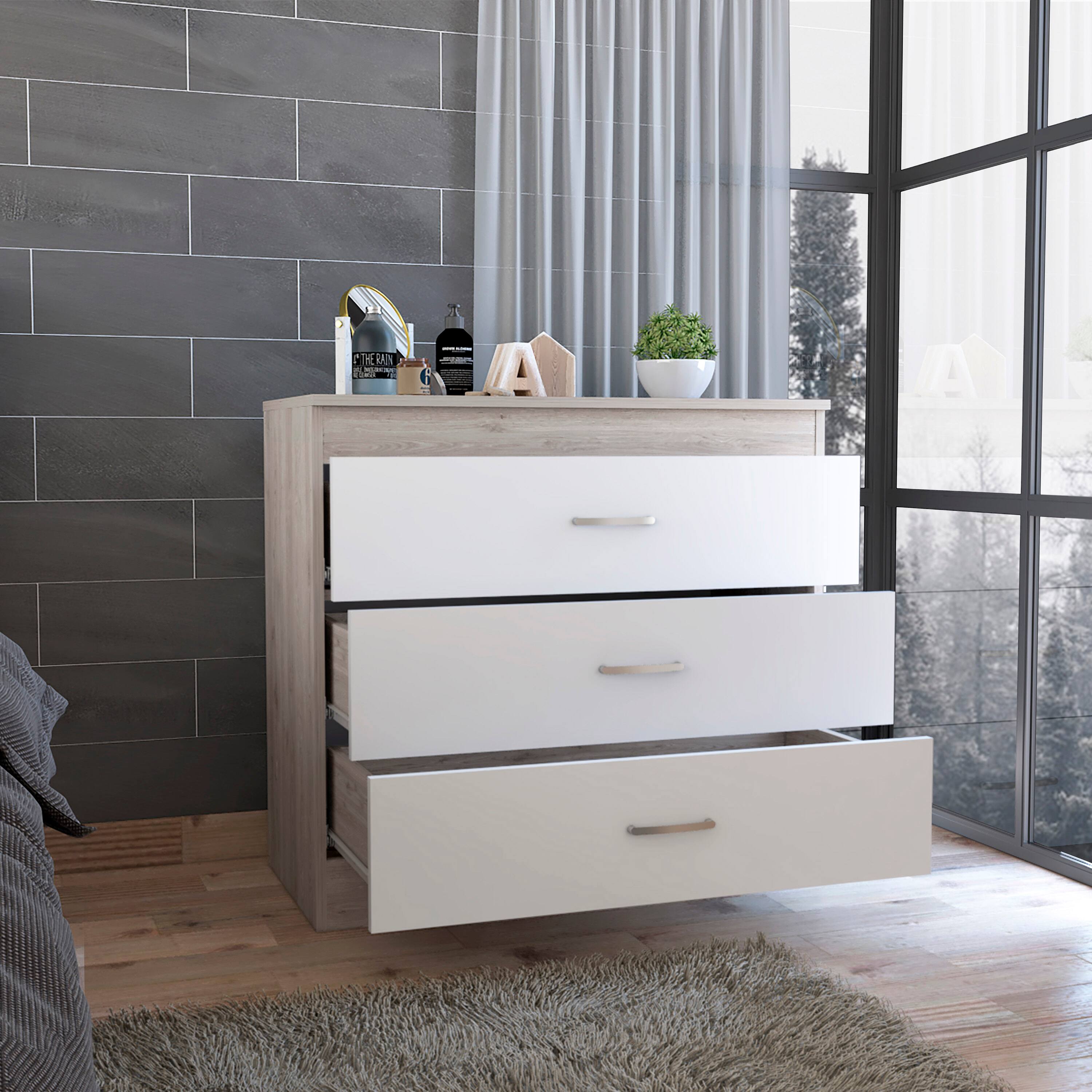 Back. TuHome - Melia Three Drawer Dresser, Superior Top, Metal Hardware - Light Gray / White.