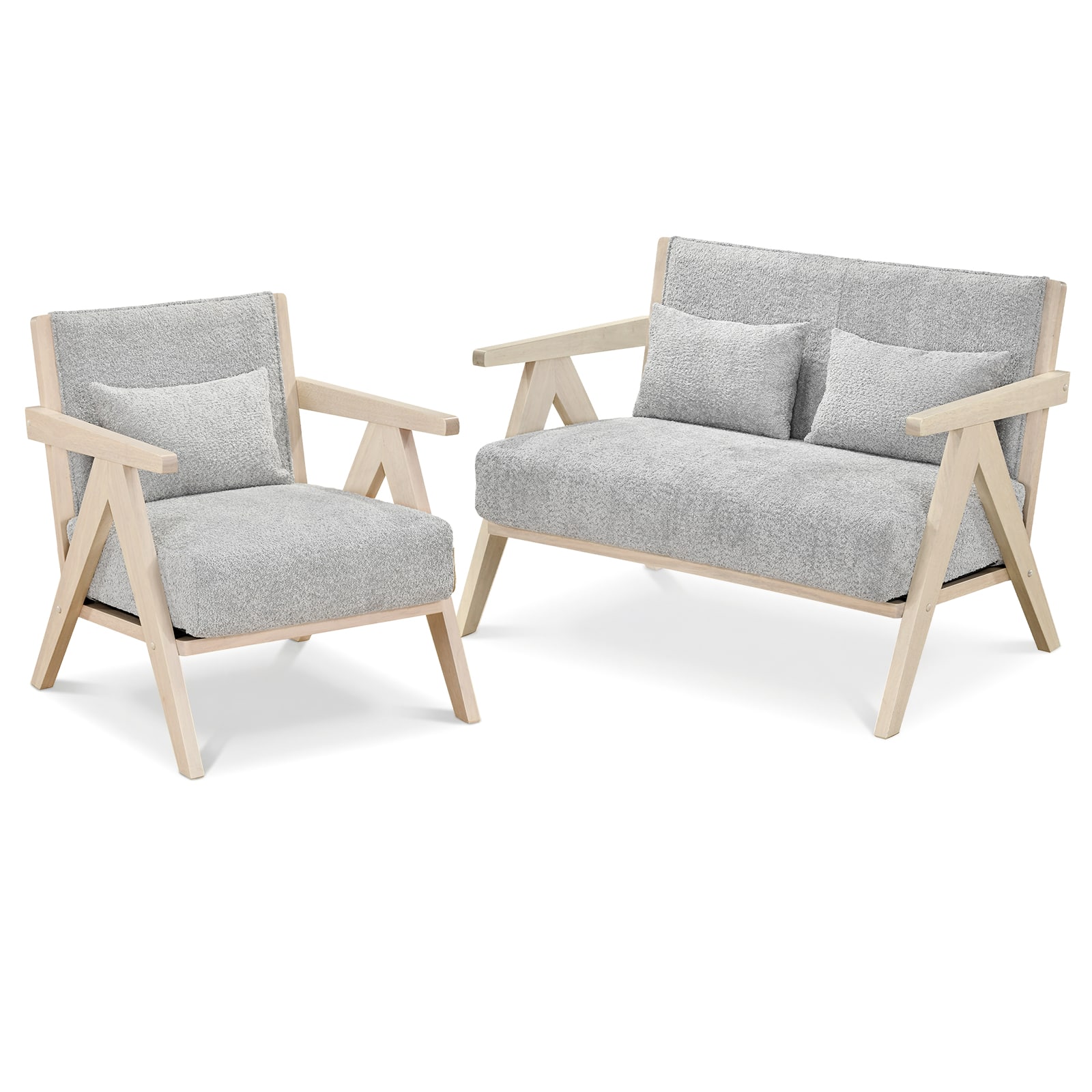 Costway - 2 PCS Living Room Furniture Set with Rubber Wood Frame, Padded Seat, Throw Pillows - Gray