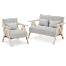 Costway - 2 PCS Living Room Furniture Set with Rubber Wood Frame, Padded Seat, Throw Pillows - Gray