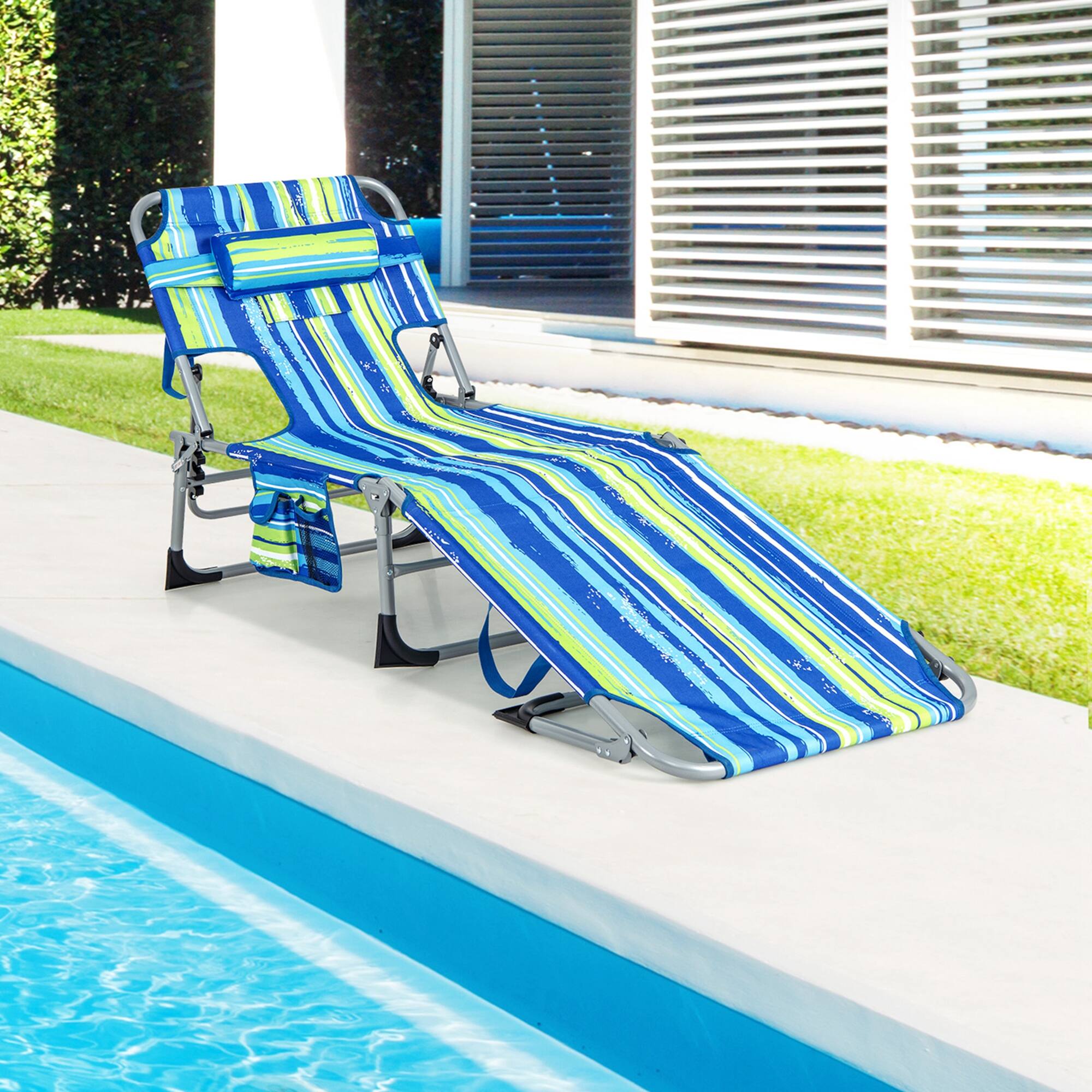 Alt View 1. Costway - Costway Outdoor Beach Lounge Chair Folding Chaise Lounge with Pillow - Blue,Green.