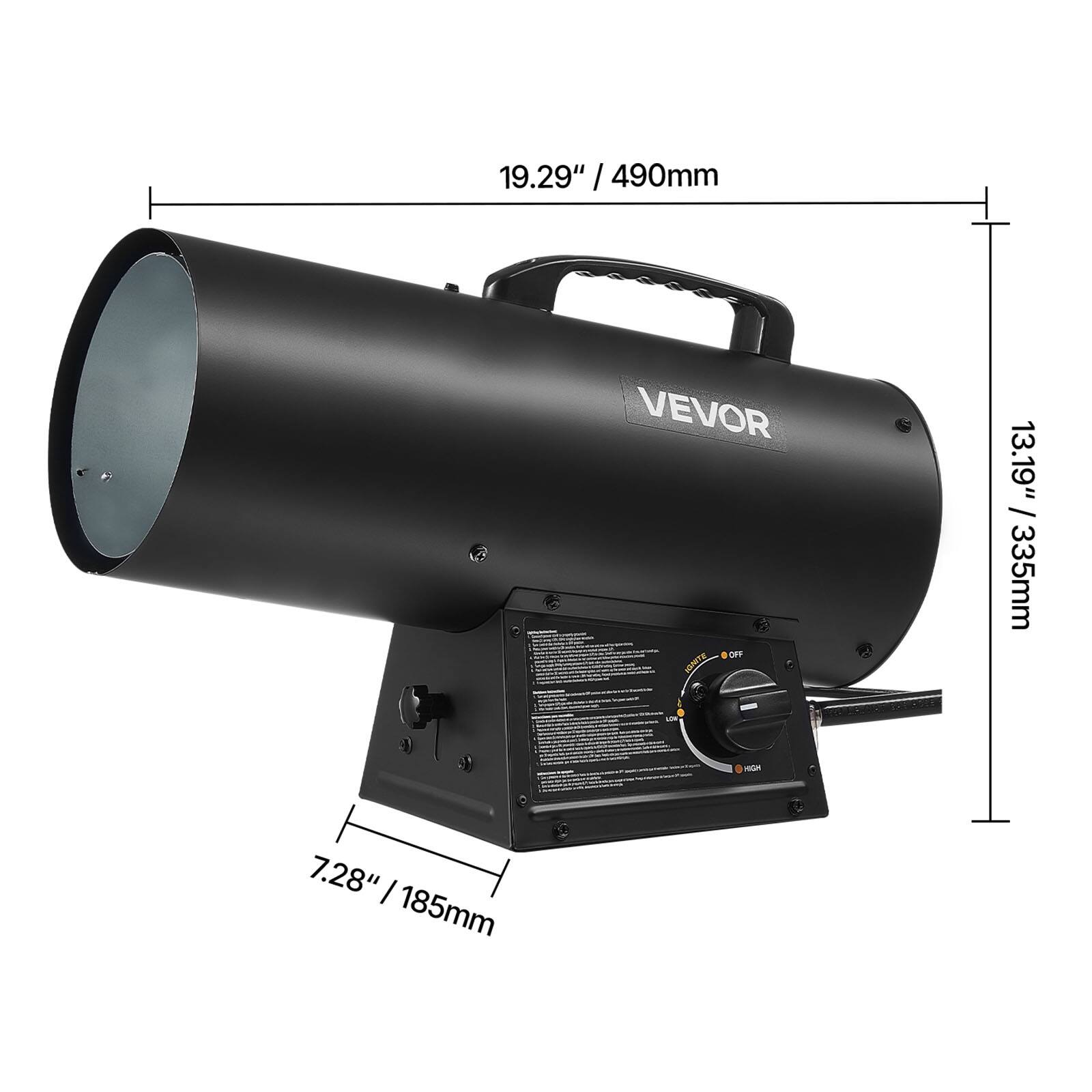 19.29" / 490mm  
13.19" / 335mm  
7.28" / 185mm  
VEVOR