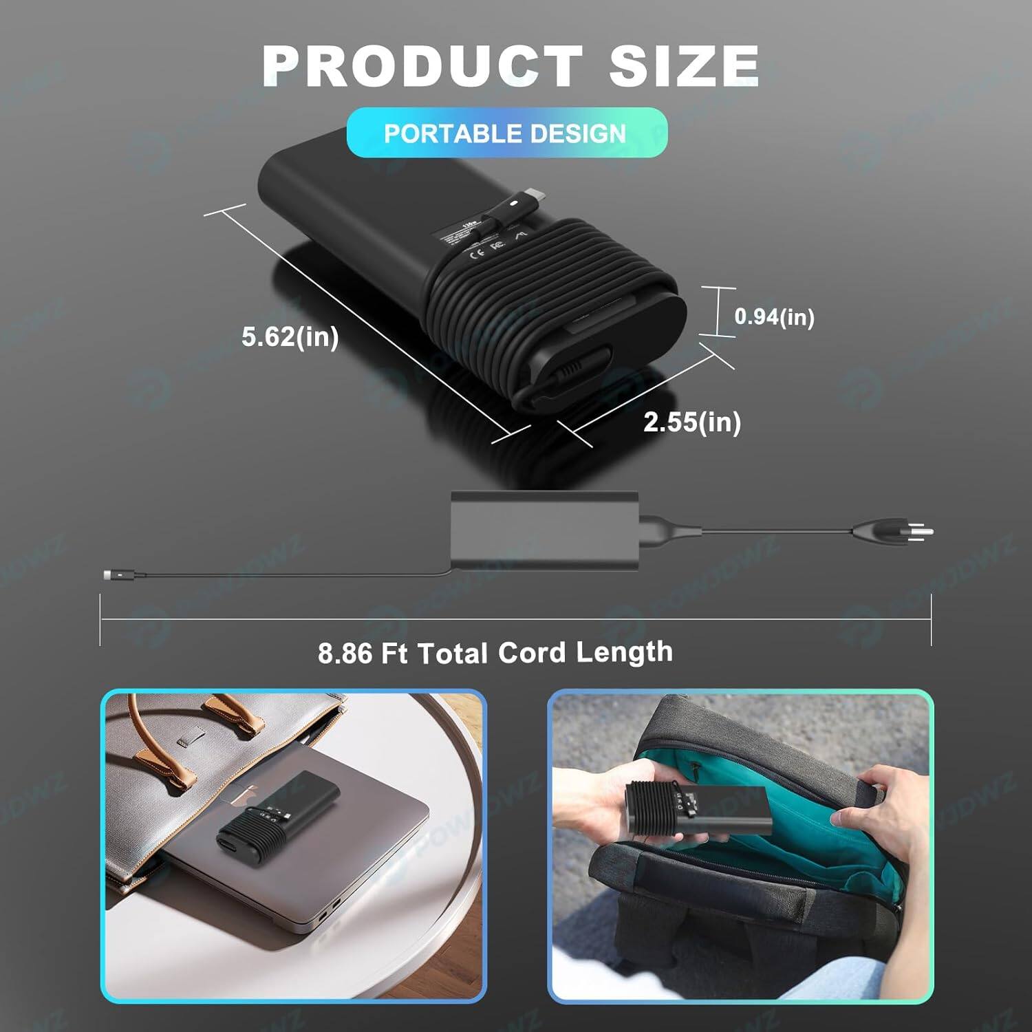 PRODUCT SIZE  
PORTABLE DESIGN  
5.62(in)  
0.94(in)  
2.55(in)  
8.86 Ft Total Cord Length