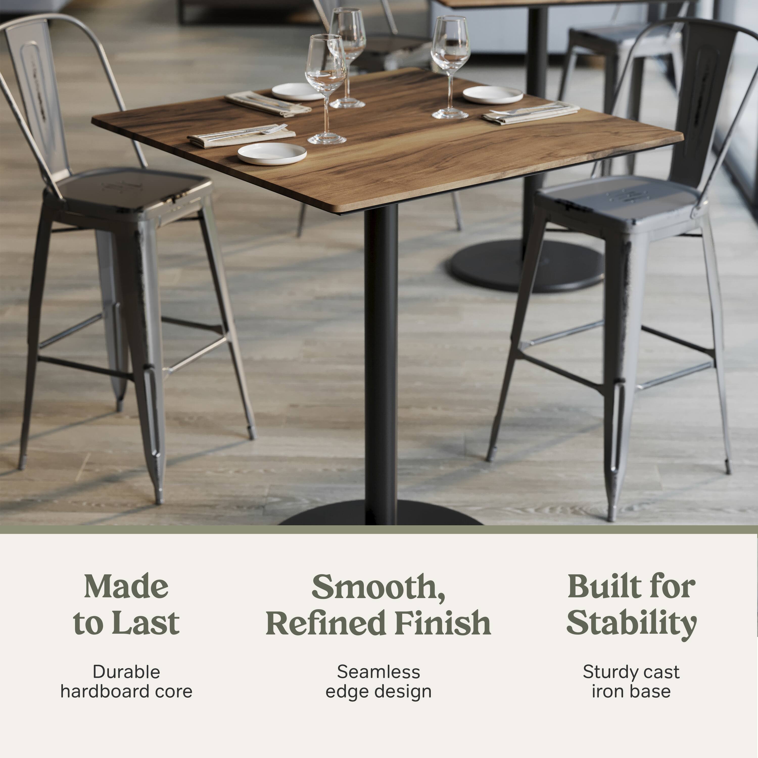 Made to Last  
Durable hardboard core  

Smooth, Refined Finish  
Seamless edge design  

Built for Stability  
Sturdy cast iron base