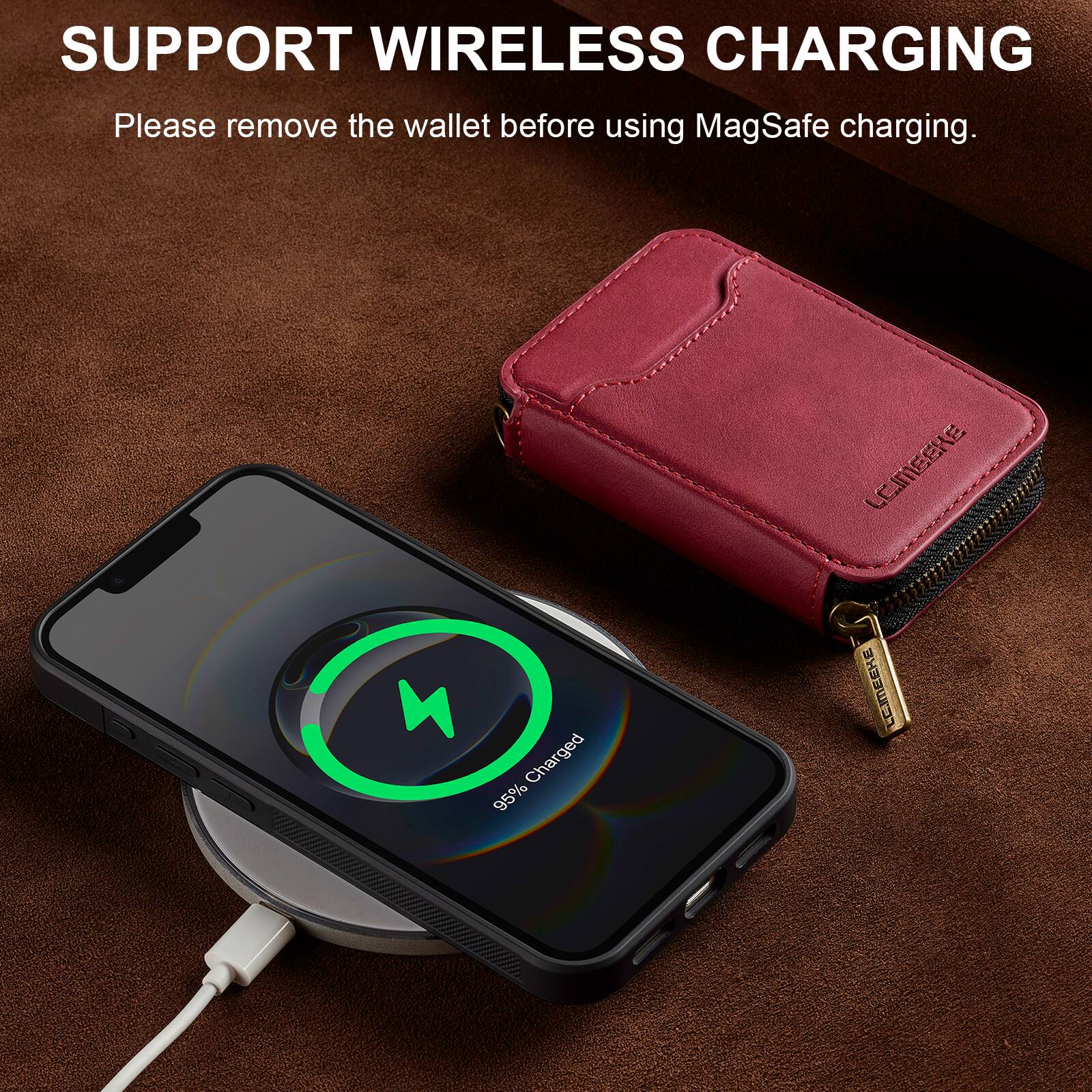 SUPPORT WIRELESS CHARGING  
Please remove the wallet before using MagSafe charging.  

LEIMEEKE F111  
Charged 95%