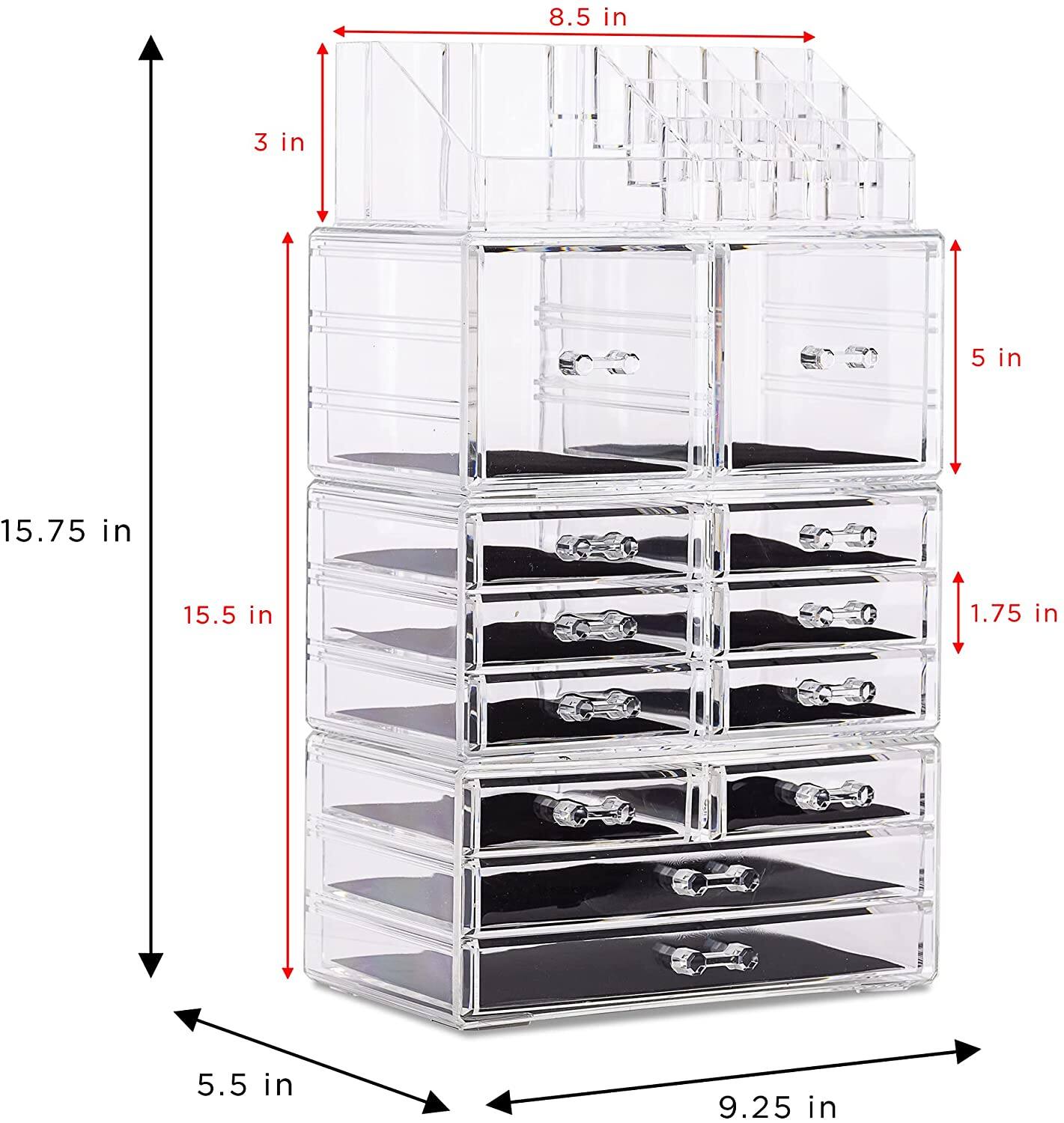 - Width: 9.25 in
- Depth: 5.5 in
- Height: 15.75 in
- Drawer Height: 3 in
- Drawer Depth: 5 in
- Drawer Width: 8.5 in
- Drawer Handle Width: 1.75 in