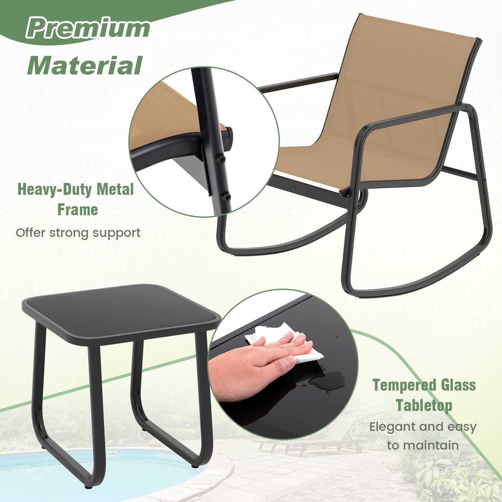 Premium Material

Heavy-Duty Metal Frame  
Offer strong support

Tempered Glass Tabletop  
Elegant and easy to maintain