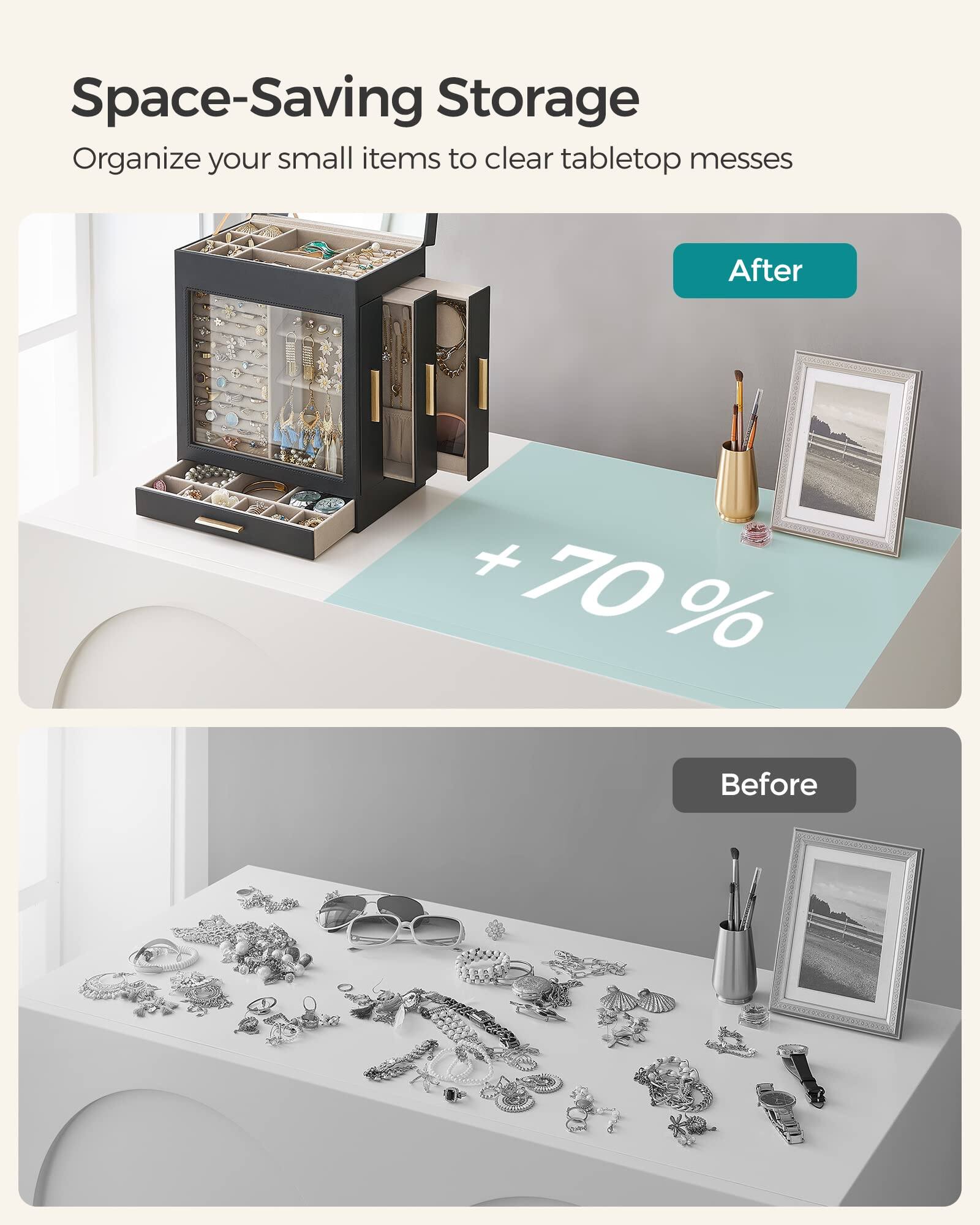 Space-Saving Storage  
Organize your small items to clear tabletop messes  

After  
+70%  

Before