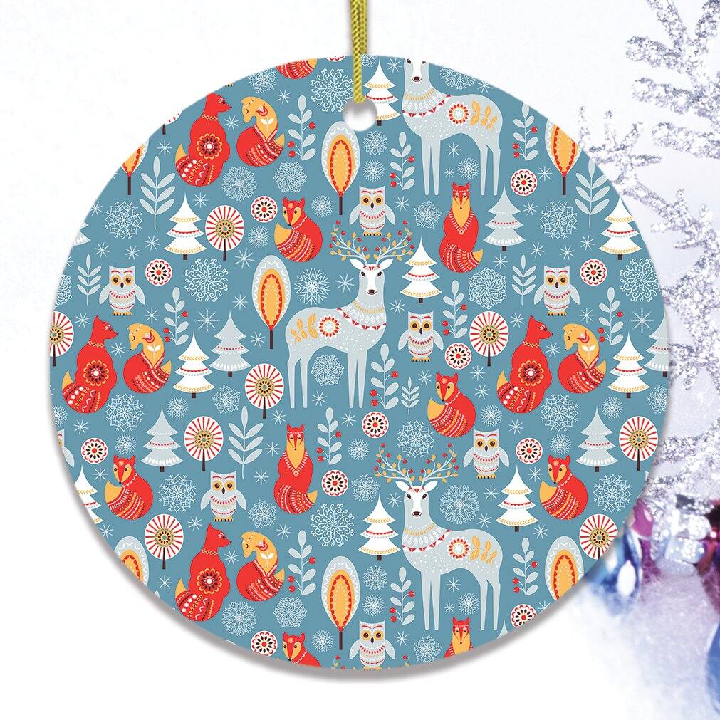 Back. OrnamentallyYou - Scandinavian Folk Forest Animal Pattern Christmas Ornament Deer Fox and Owl - Multi-colored.