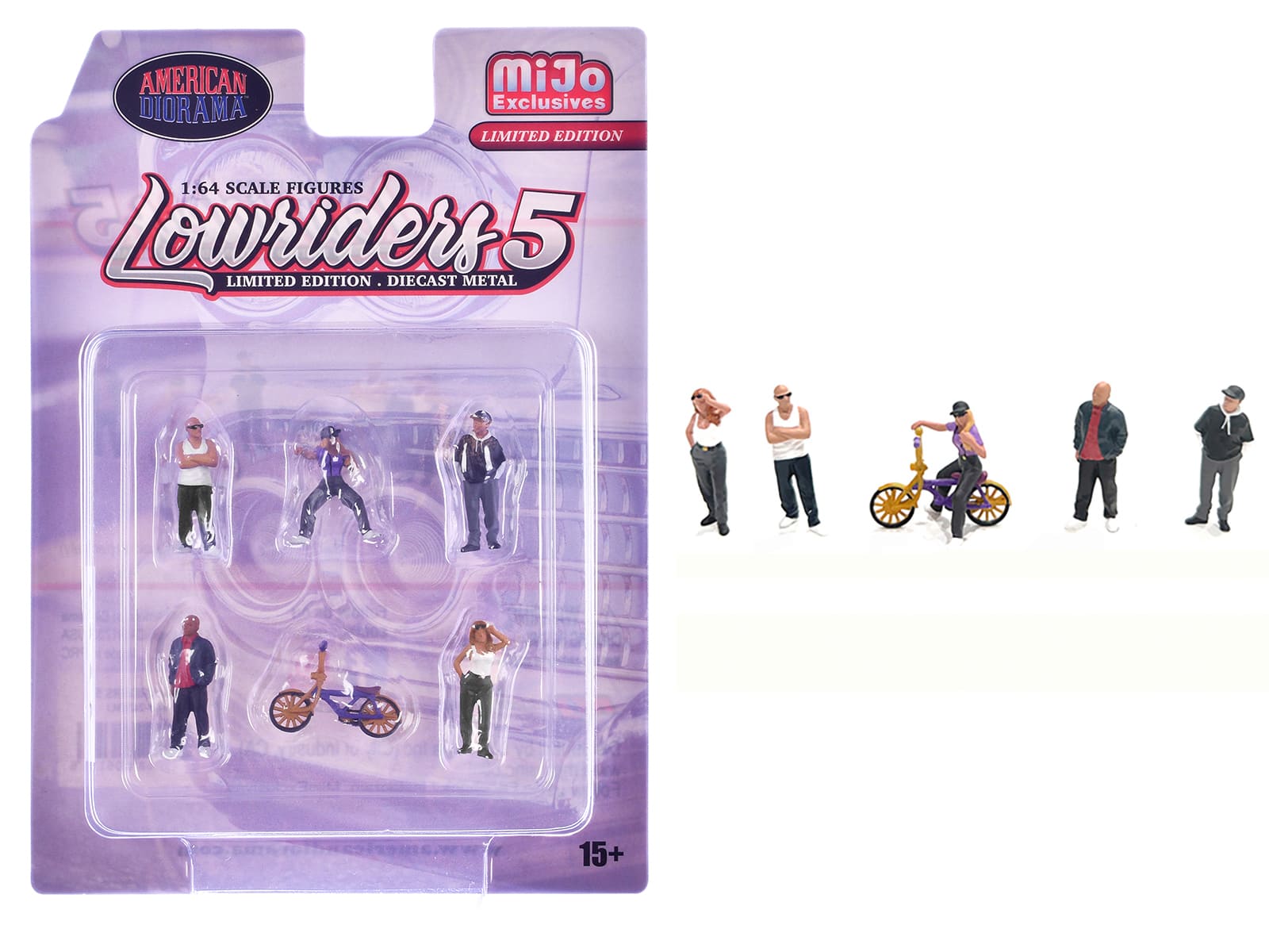 "Lowriders #5" 6 piece (5 People 1 Bicycle) Diecast Figures Set 1/64 Scale Models by American Diorama - Multi