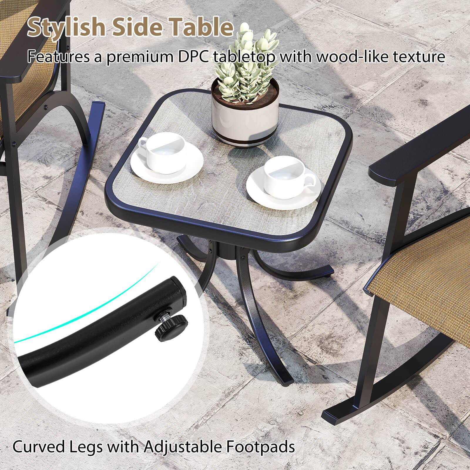 Stylish Side Table  
Features a premium DPC tabletop with wood-like texture  

Curved Legs with Adjustable Footpads
