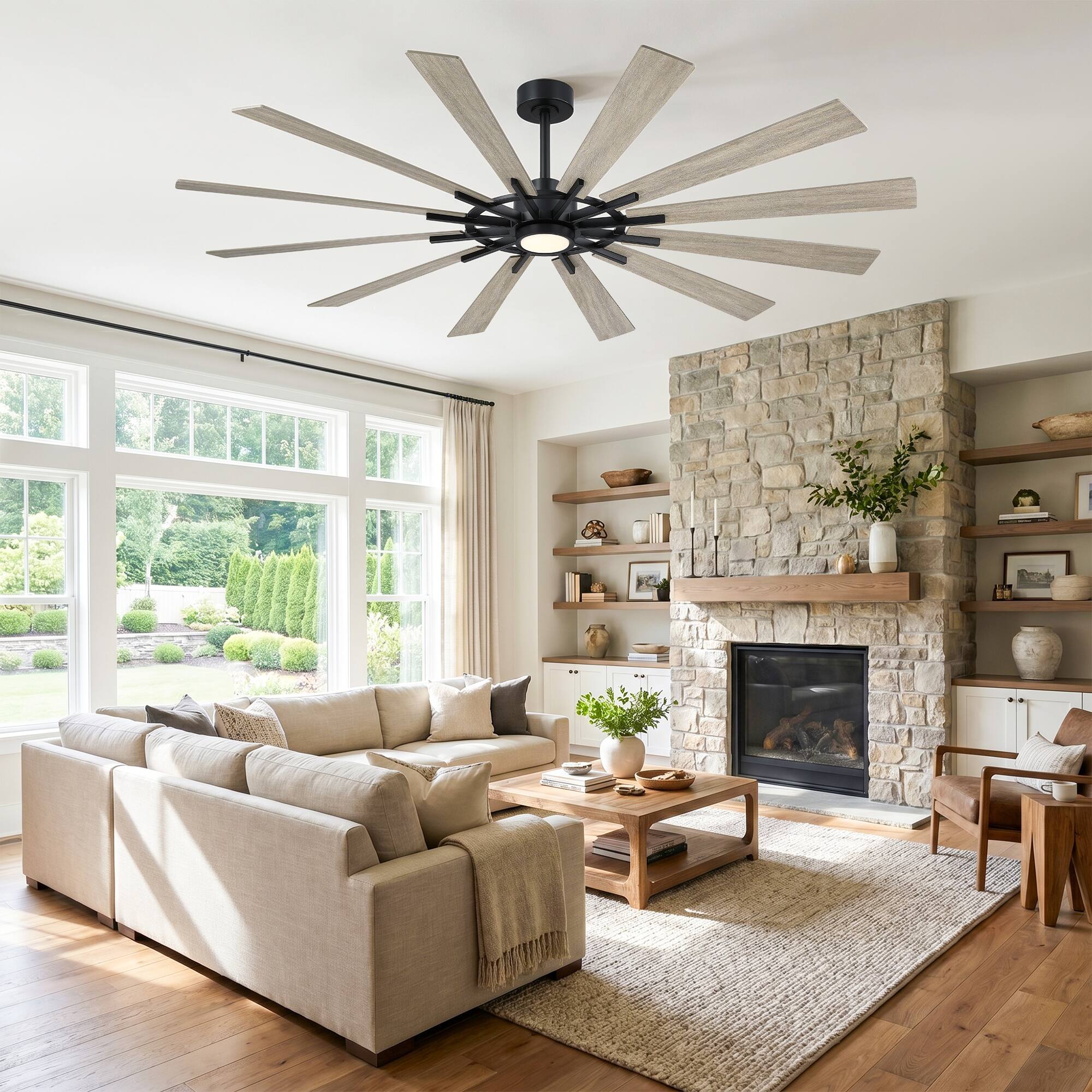 Angle. Parrot Uncle - 72" Large Farmhouse 12-Blade Windmill Ceiling Fan with Dimmable LED Light and 6-Speed Remote - Black.