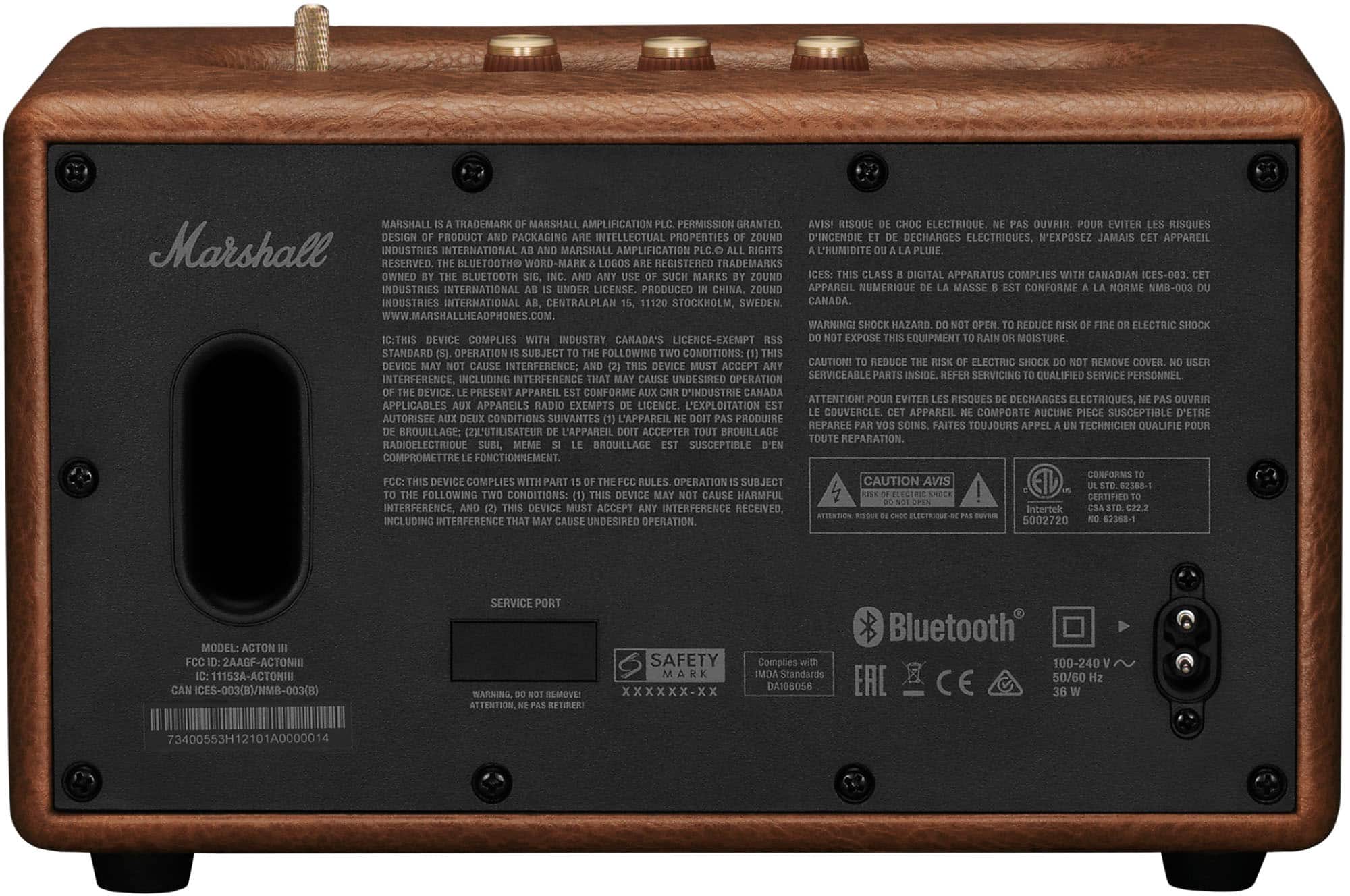 Marshall is a trademark of Marshall Industries. Marshall amplification has been granted permission. This product complies with Canadian ICES-003. It is produced under license in China by Zound Industries. The device is a class D digital apparatus that conforms to the norm NMB-003. Marshall Industries is based in Stockholm, Sweden, and Canada. The warning indicates that the device may cause interference and should be operated with caution to reduce the risk of electric shock. The device should be serviced inside by a qualified technician.