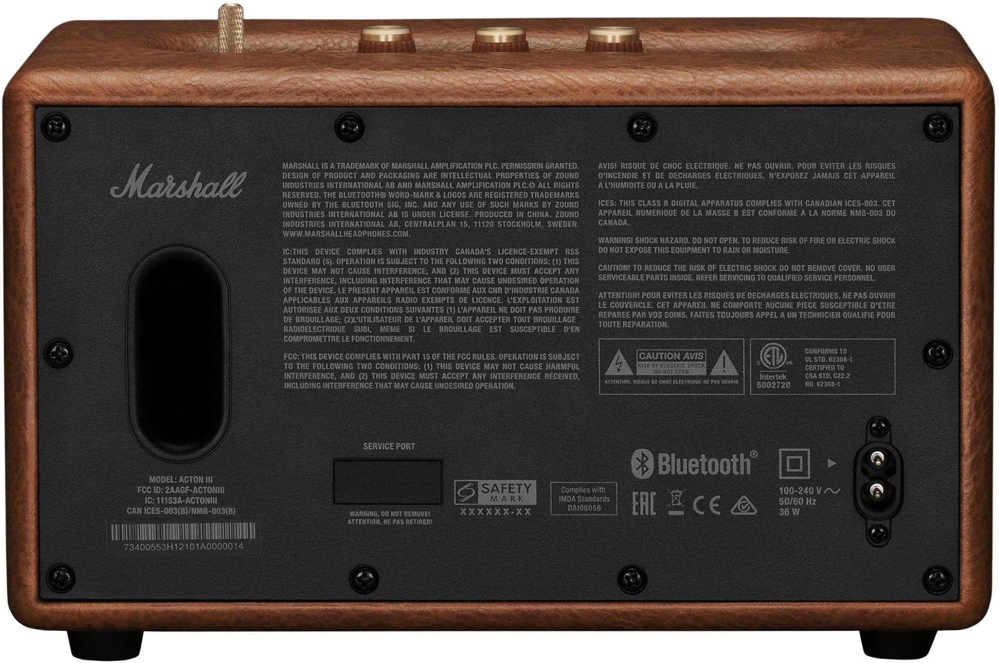 Marshall is a trademark of Marshall Industries. Marshall amplification has been granted permission. This product complies with Canadian ICES-003. It is produced under license in China by Zound Industries. The device is a class D digital apparatus that conforms to the norm NMB-003. Marshall Industries is based in Stockholm, Sweden, and Canada. The warning indicates that the device may cause interference and should be operated with caution to reduce the risk of electric shock. The device should be serviced inside by a qualified technician.