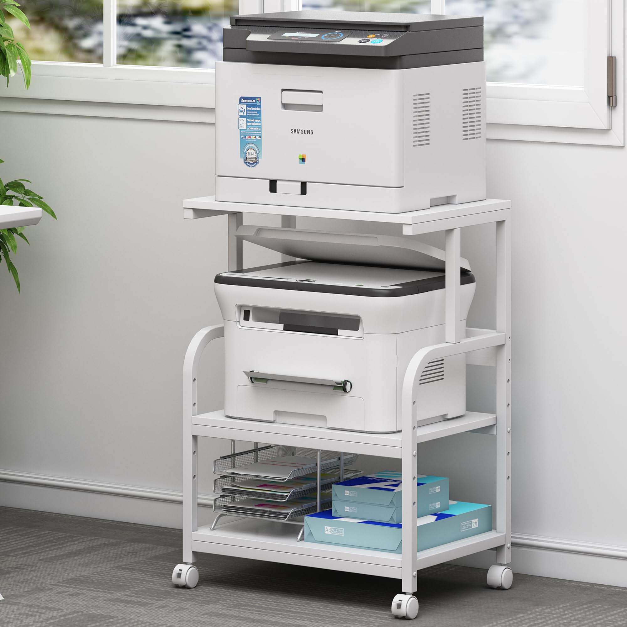 JETRANSPORT - Printer Table Stand With Height Adjustable Shelf 3 Tier Rolling Cart Wheels For Home Office Storage And - White