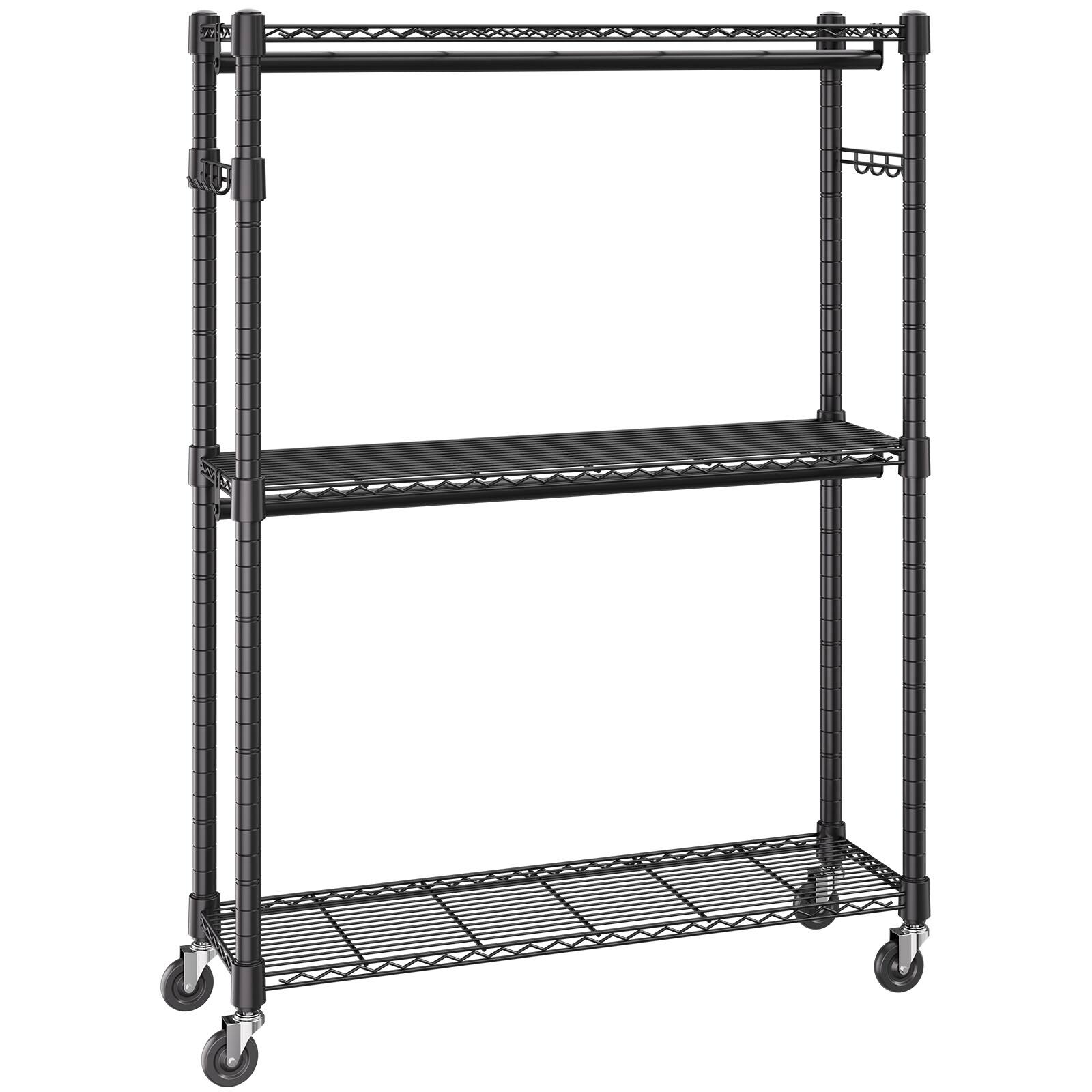 Alt View 5. VEVOR - Heavy Duty Clothes Rack, Rolling Clothing Garment Rack with 3 Storage Tiers, 2 Rods and 2 Pairs Side Hooks, 400 Lbs Load - Black.