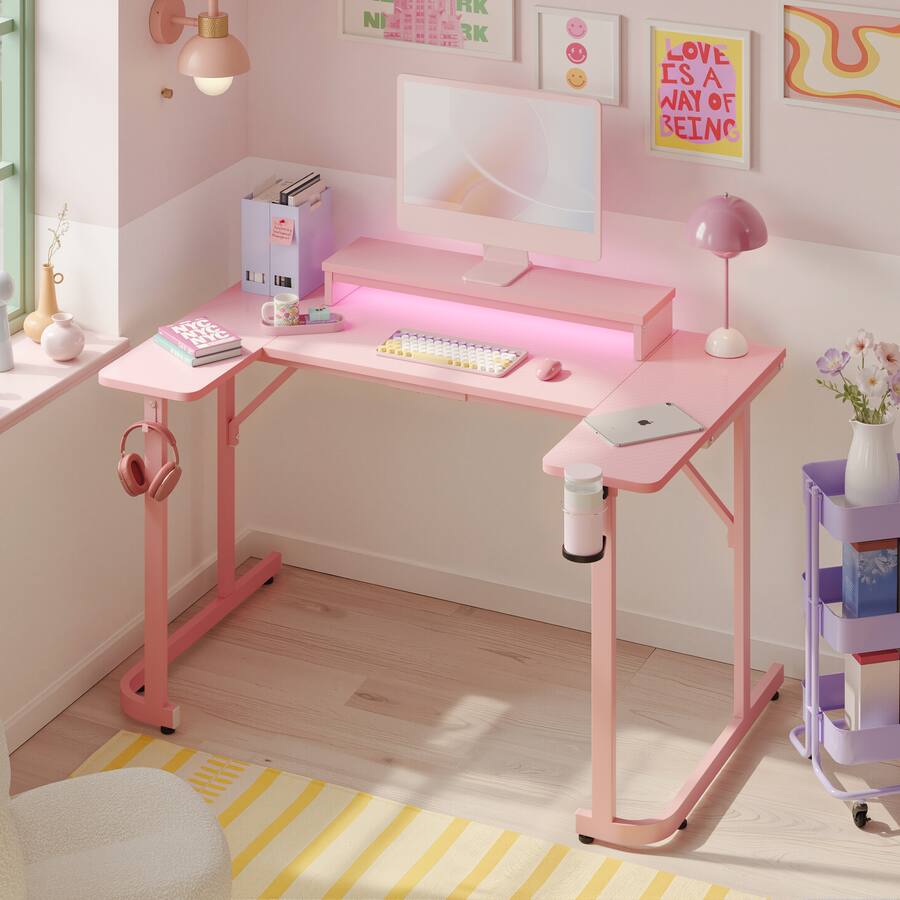 Pdcf Desk Bestier U Shaped Gaming Desk with Monitor Stand, LED Lighting ...