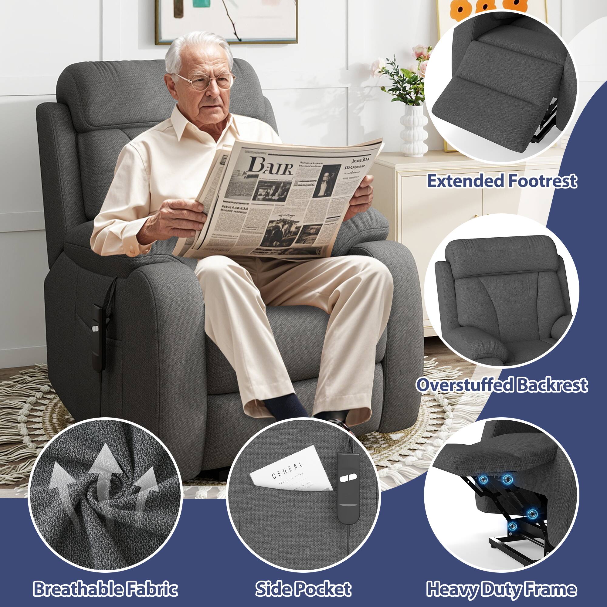 - Extended Footrest
- Overstuffed Backrest
- Breathable Fabric
- Side Pocket
- Heavy Duty Frame