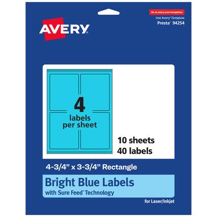 Go to avery.com/templates
AVERY
Use Avery Template Presta* 94254
4 labels per sheet
10 sheets
40 labels
4-3/4" x 3-3/4" Rectangle
Bright Blue Labels with Sure Feed Technology for Laser/Inkjet