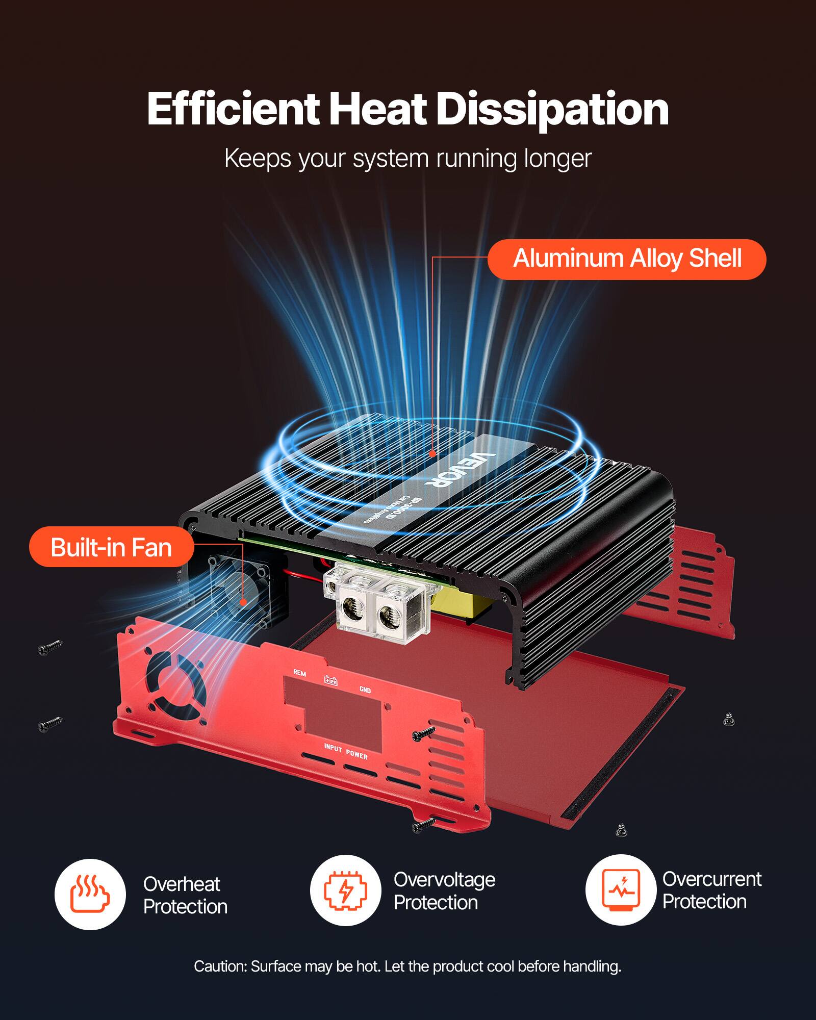 Efficient Heat Dissipation  
Keeps your system running longer

Aluminum Alloy Shell  
Built-in Fan

VEVOR Dongless CE.000S-48

INPUT POWER

Overheat Protection  
Overvoltage Protection  
Overcurrent Protection

Caution: Surface may be hot. Let the product cool before handling.