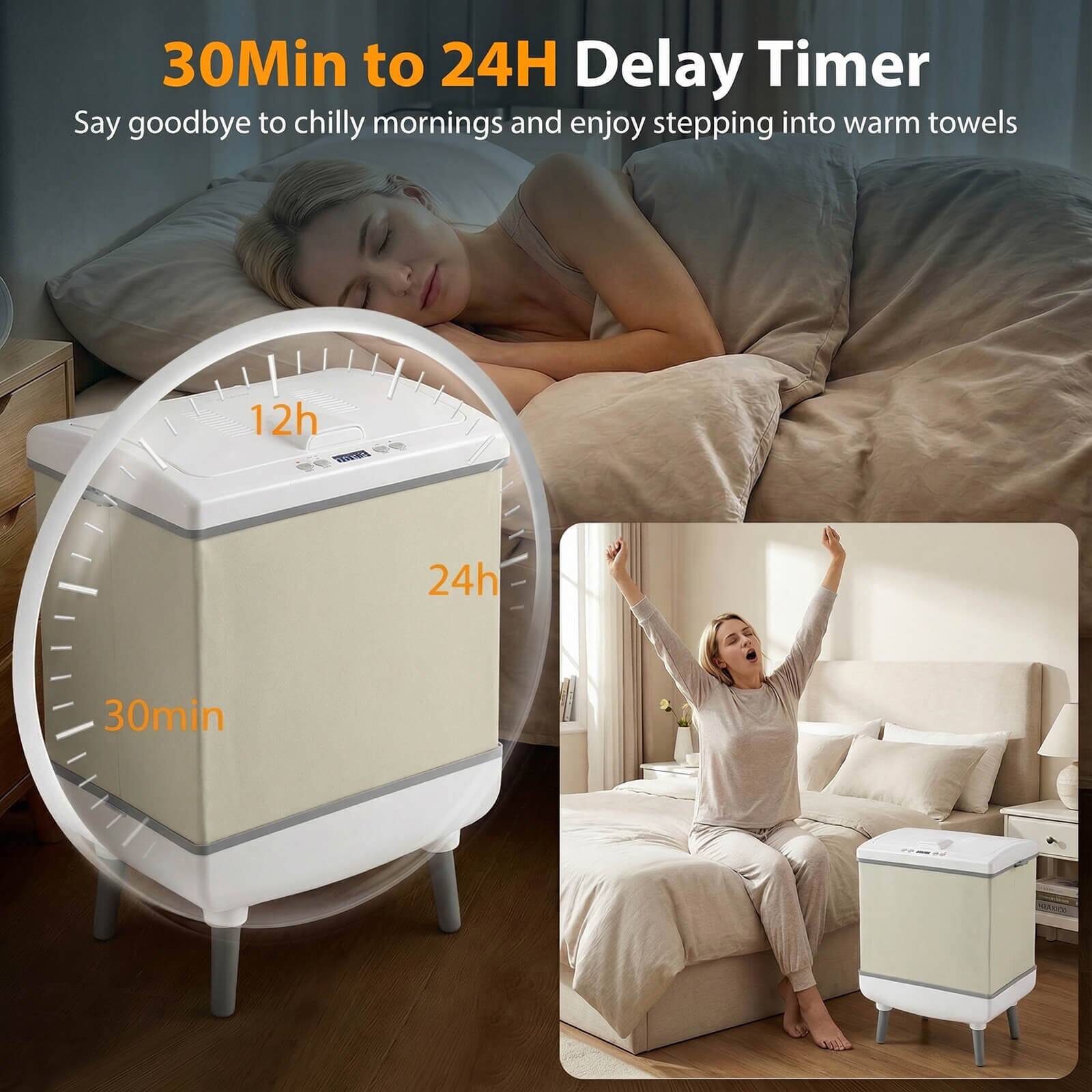 30Min to 24H Delay Timer  
Say goodbye to chilly mornings and enjoy stepping into warm towels  

12h  
24h  
30min