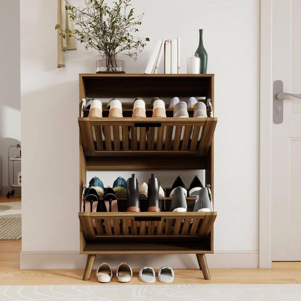 Alt View 8. Kadyn - Resenkos 23.6-Inch Modern Shoe Storage Cabinet with Adjustable Louvered Doors - Walnut - Brown.