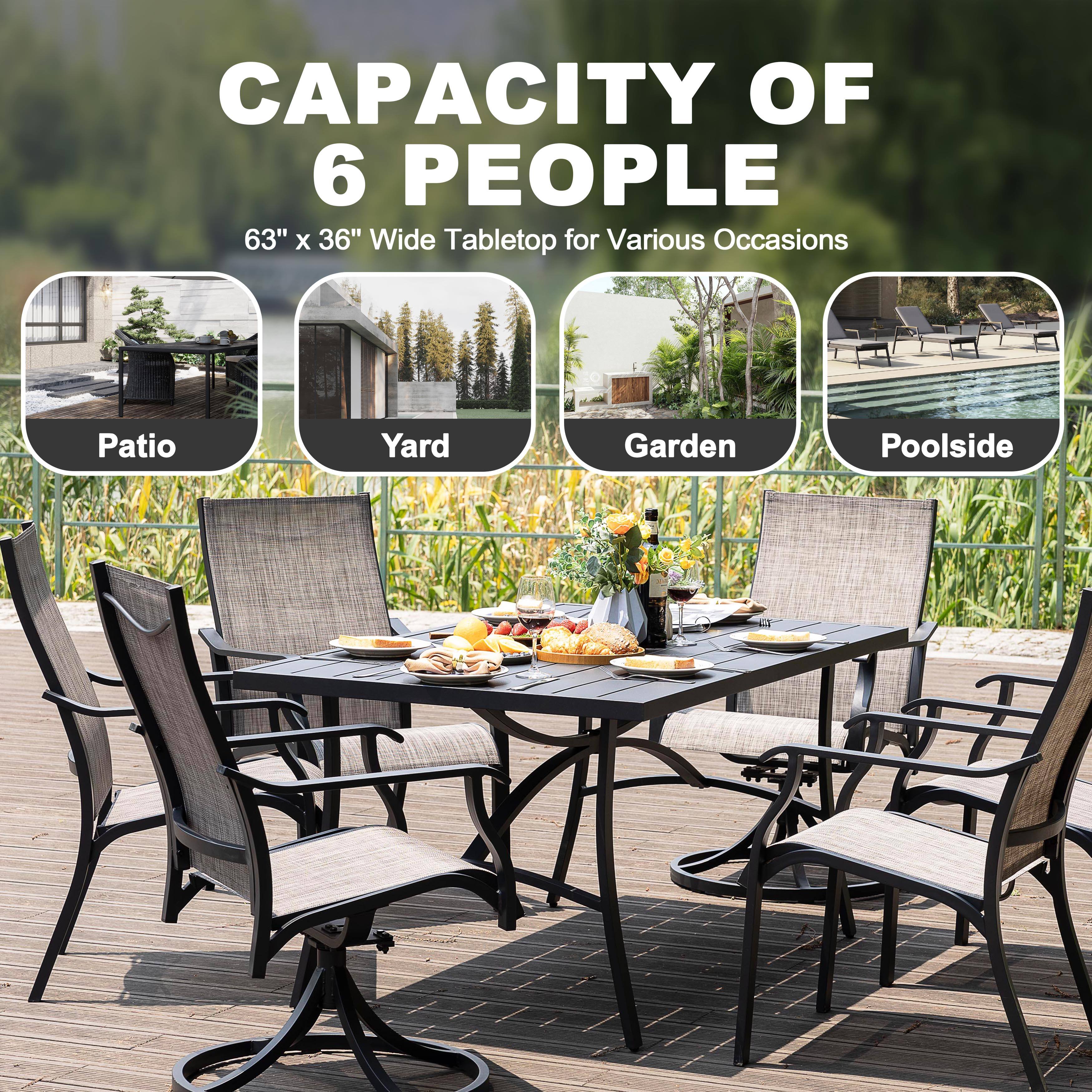 CAPACITY OF 6 PEOPLE  
63" x 36" Wide Tabletop for Various Occasions  
Patio, Yard, Garden, Poolside
