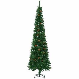 RYHNUYNE - 7.5 Ft Slim Pencil Artificial Christmas Tree With Realistic Pine Needle Branches, Pine Cones Metal Base Decor - Green